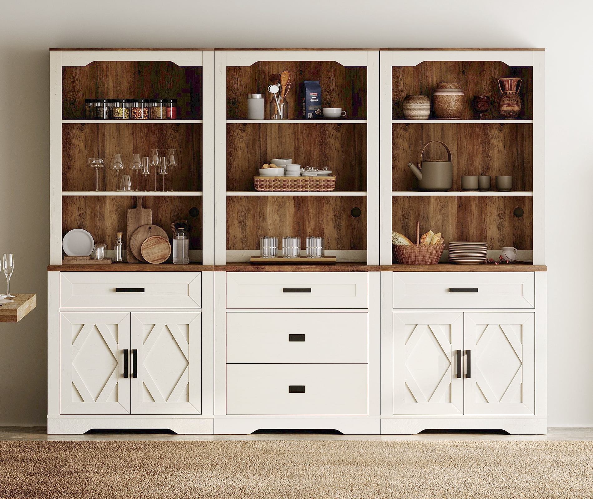 WAMPAT 3 Column Bookcase with Drawer,73.3" Tall Floor Standing Bookshelf,Modern Farmhouse Display Storage Cabinet with Adjustable Shelves,Cream White