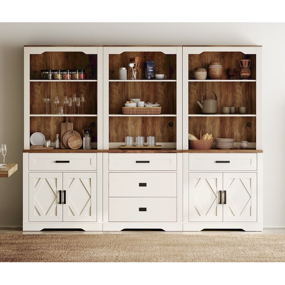 WAMPAT 3 Column Bookcase with Drawer,73.3" Tall Floor Standing Bookshelf,Modern Farmhouse Display Storage Cabinet with Adjustable Shelves,Cream White