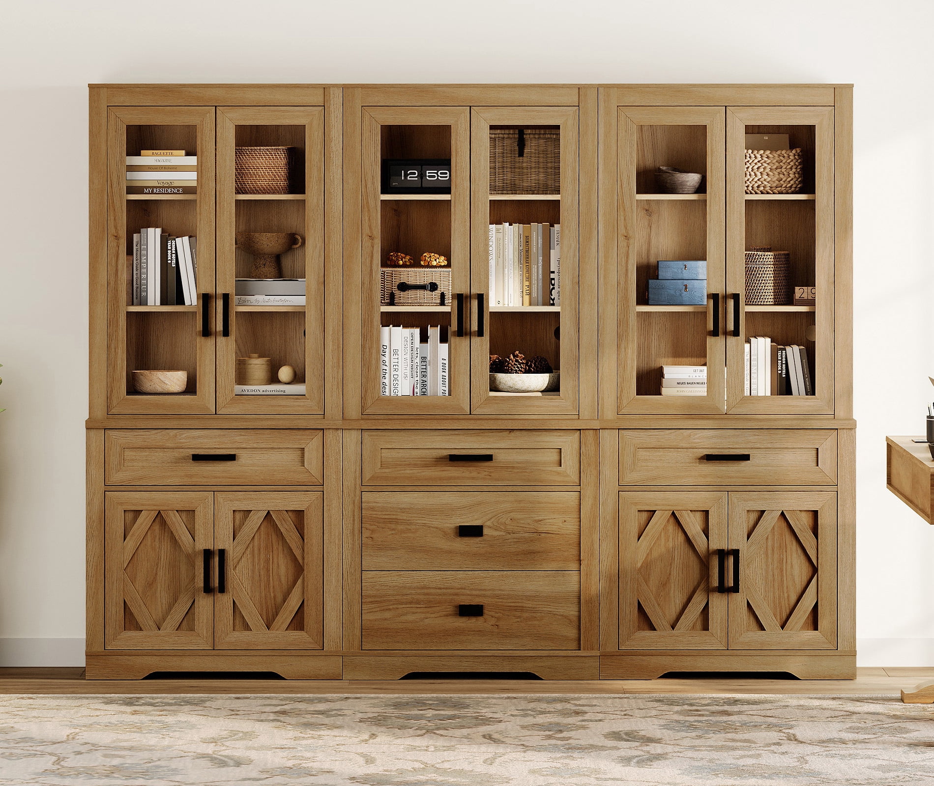 WAMPAT 3 Column Bookcase with Drawer,73.3" Tall Floor Standing Bookshelf,Modern Farmhouse Display Storage Cabinet with Adjustable Shelves,Walnut