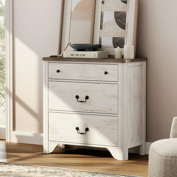 WAMPAT 3 Drawer Dresser, 31.5" Wide Farmhouse Dresser Chest of Drawers for Living Room, Entryway and Hallway,White