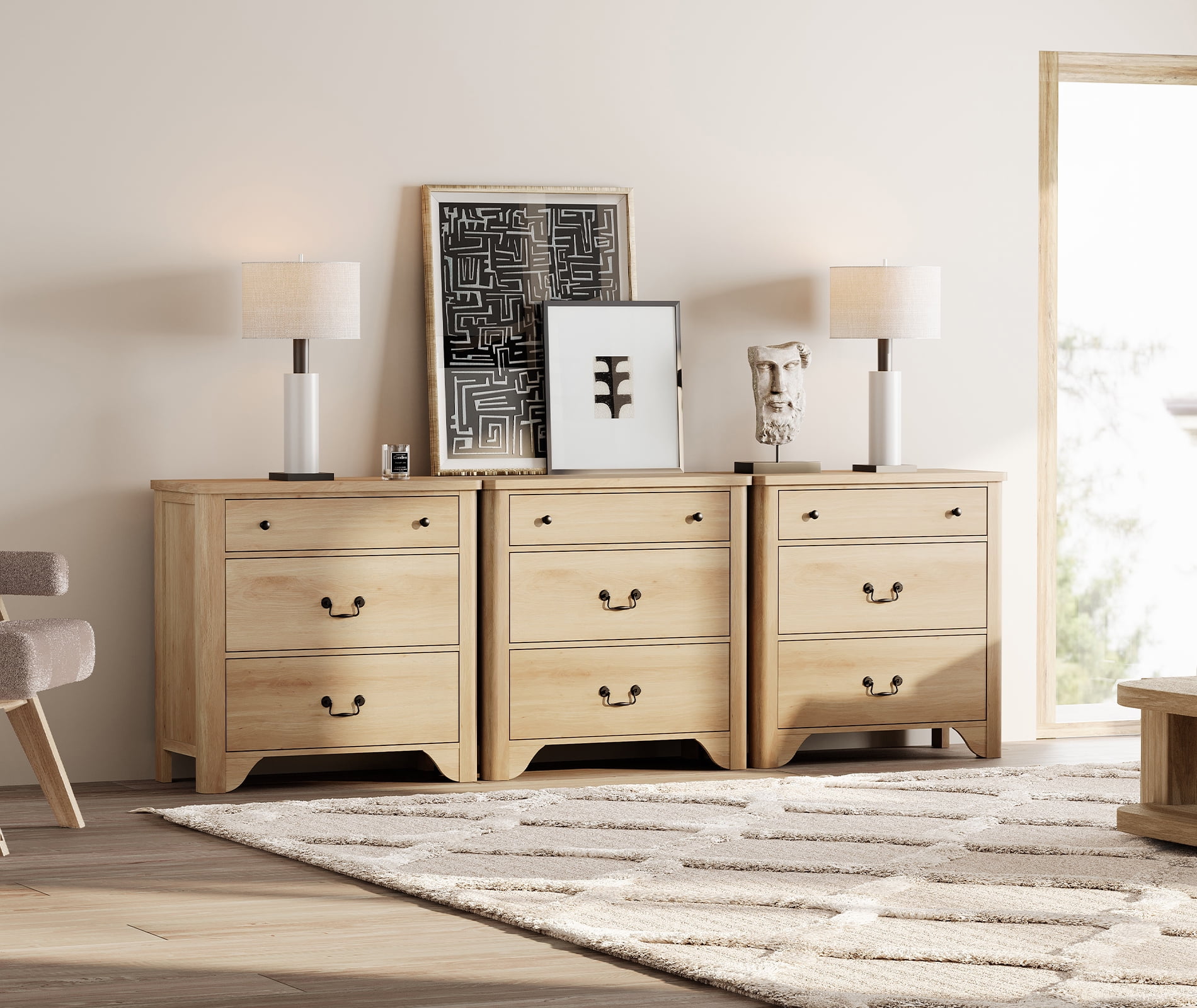 WAMPAT 3 Drawer Dresser Set of 3 for Bedroom,Oak Dresser Closet Dressers Chest of Drawers for Living Room, Entryway and Hallway