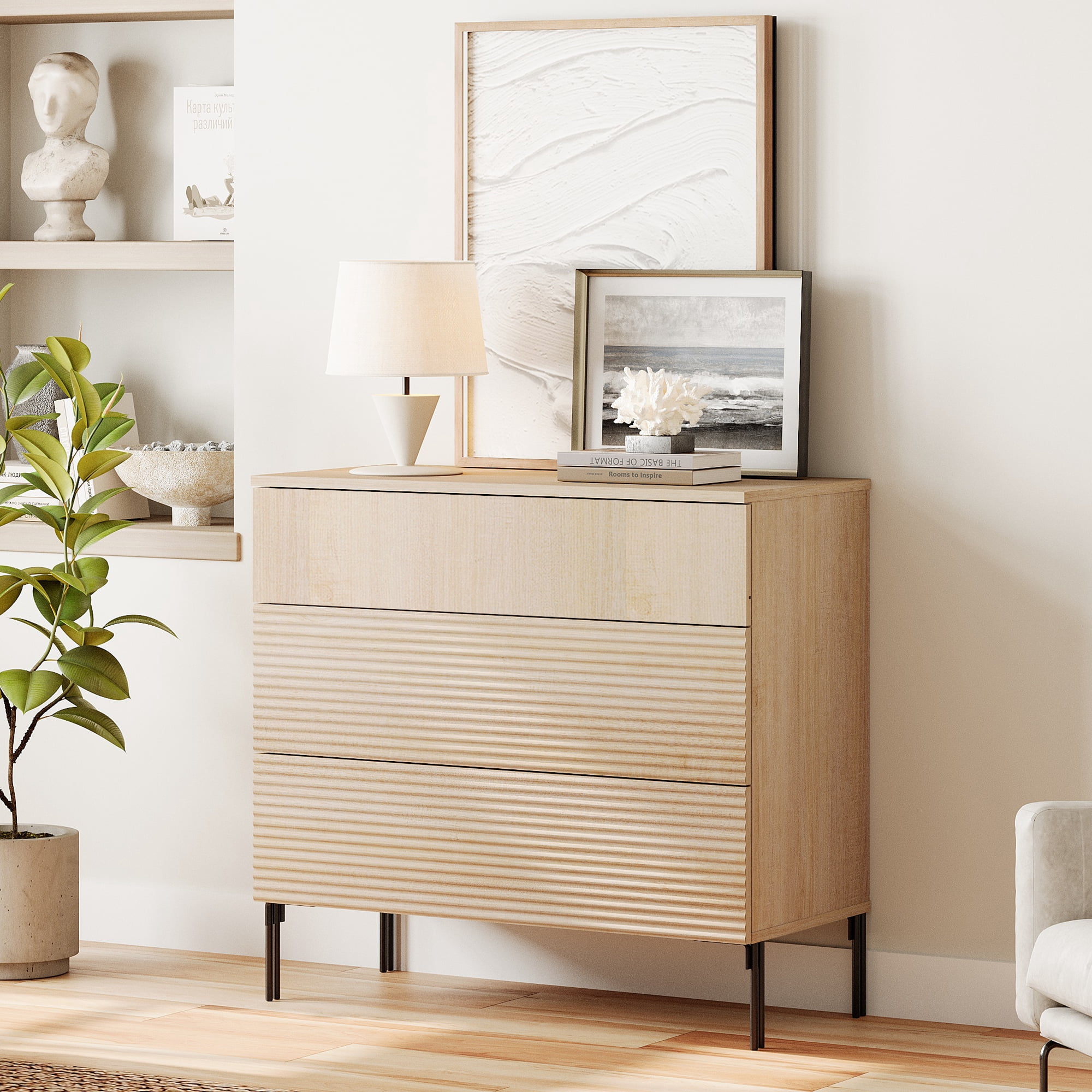 WAMPAT 3 Drawer Dresser for Bedroom, Modern Fluted Wood Storage Cabinet with Push-to-Open Drawers, Organizer Chest for Bedroom, Living Room, Entryway