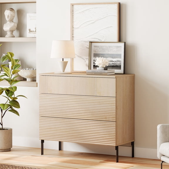 WAMPAT 3 Drawer Dresser for Bedroom, Modern Fluted Wood Storage Cabinet with Push-to-Open Drawers, Organizer Chest for Bedroom, Living Room, Entryway