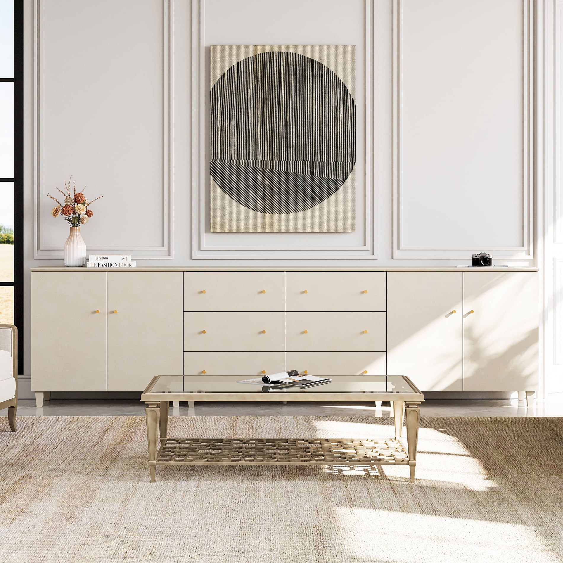 WAMPAT 3-In-1 Beige Wood Storage Cabinets with 6 Drawers and 4 Doors for Bedroom Living Room, 2 Pack