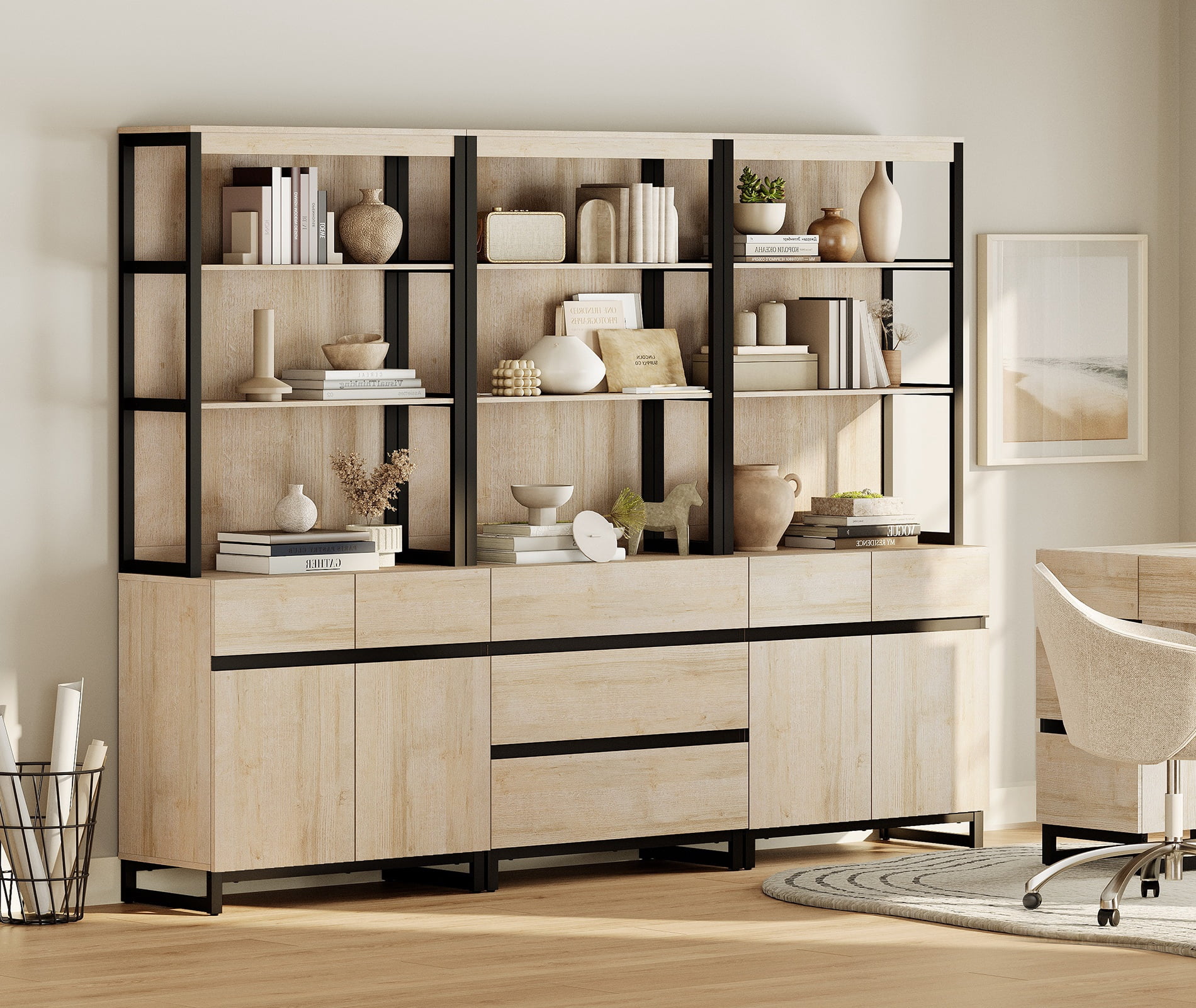 WAMPAT 3 PCS Modern 72" Tall Bookcase with 3 Drawers and Adjustable Shelves, Library Book Shelf with Storage Cabinet and Open Shelving, Freestanding Bookshelves for Home Office, Living Room, Beige