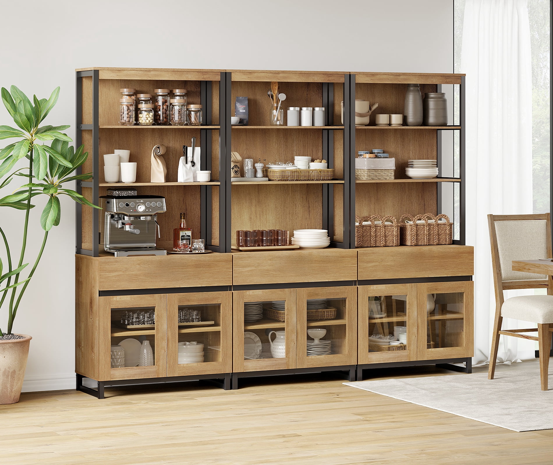 WAMPAT 3 PCS Modern 72" Tall Bookcase with 3 Drawers and Open Book Shelf, Library Book Shelf with Storage Cabinet and Glass Doors, Wood Freestanding Bookshelves for Home Office, Living Room, Oak
