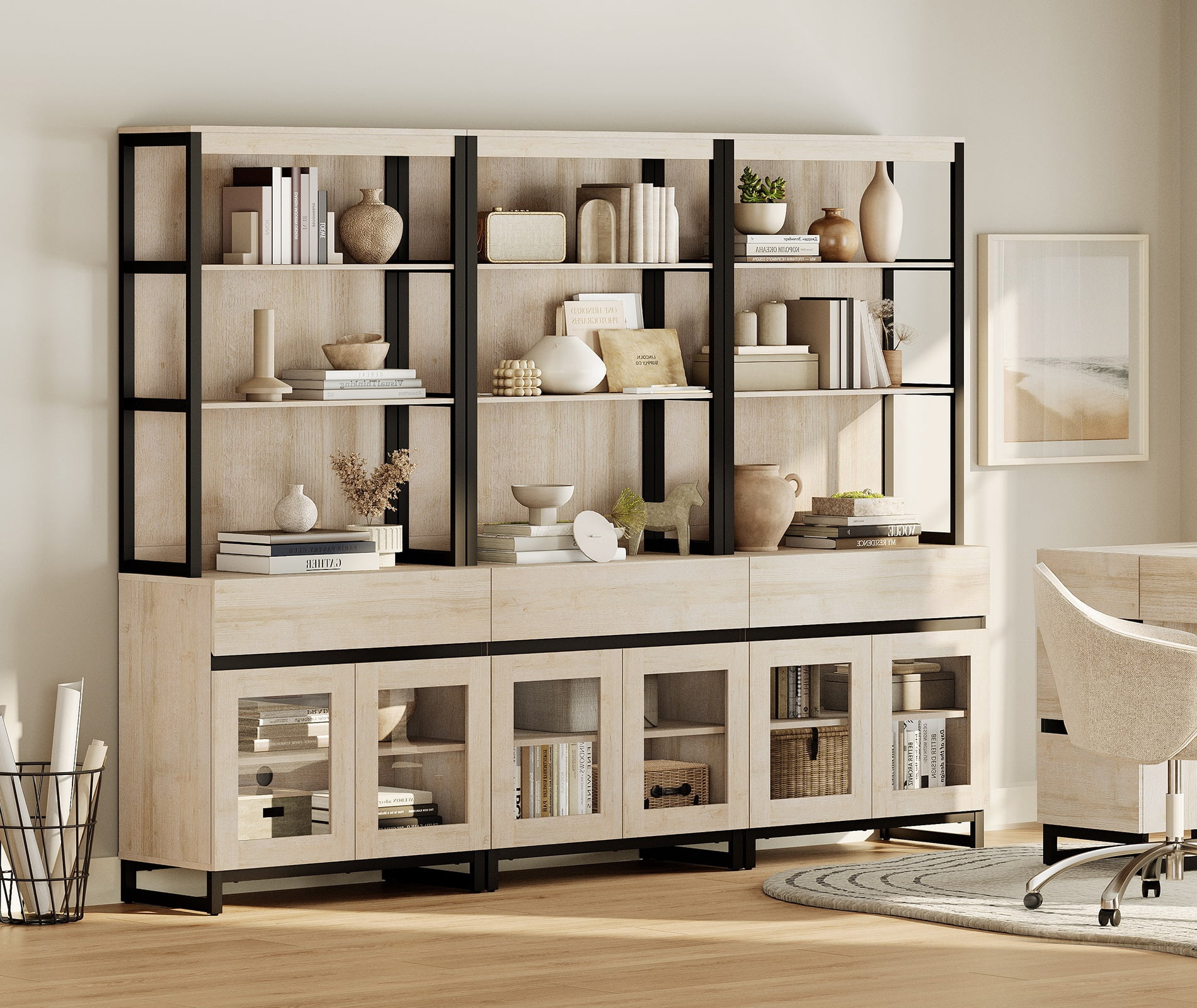 WAMPAT 3 PCS Modern 72" Tall Bookcase with 3 Drawers and Open Book Shelf, Library Book Shelf with Storage Cabinet and Glass Doors, Wood Freestanding Bookshelves for Home Office, Living Room, Beige