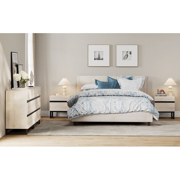 WAMPAT 3-Piece Bedroom Furniture Set, 63" Dresser & Chest with 6 Drawers, 2 Nightstands with 2 Drawers, Wooden Side Tables for Bedroom, Beige