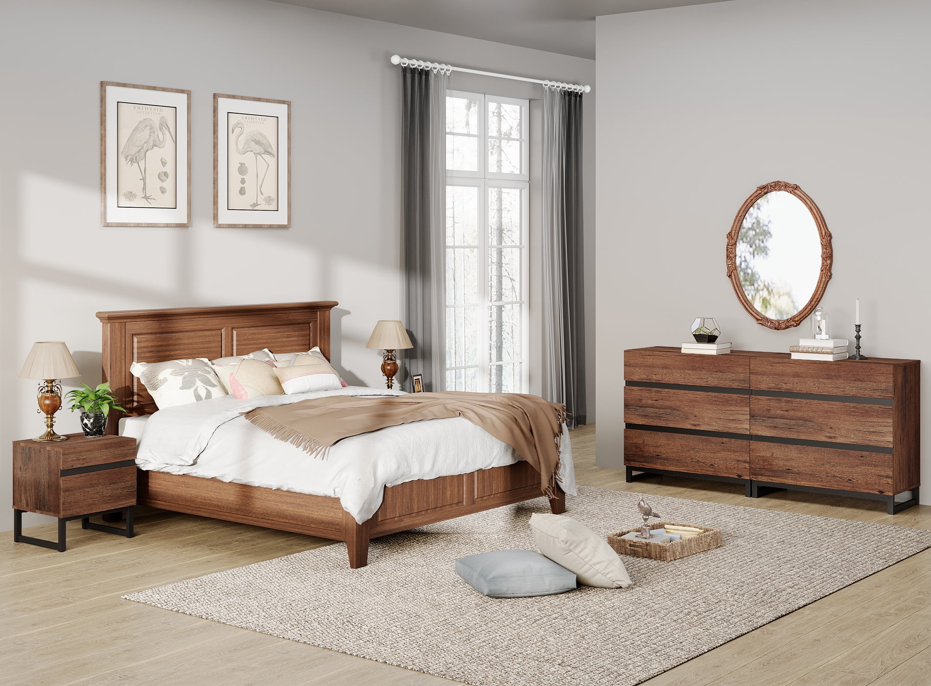 WAMPAT 3-Piece Bedroom Furniture Set, 63" Dresser & Chest with 6 Drawers, 2 Nightstands with 2 Drawers, Wooden Side Tables for Bedroom, Brown