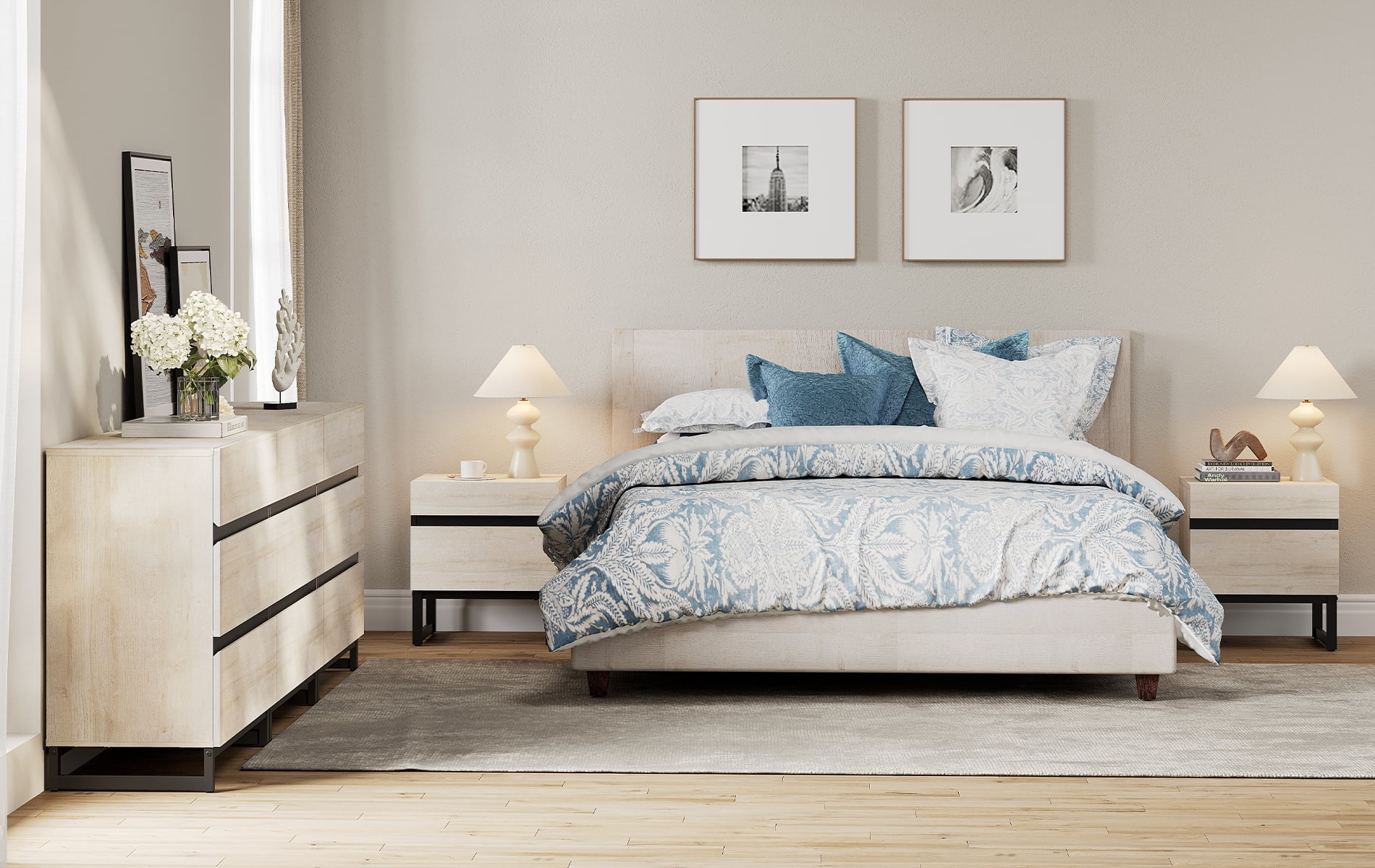 WAMPAT 3-Piece Bedroom Furniture Set, 94.5" Dresser & Chest with 6 Drawers, 2 Nightstands with 2 Drawers, Wooden Side Tables for Bedroom, Beige
