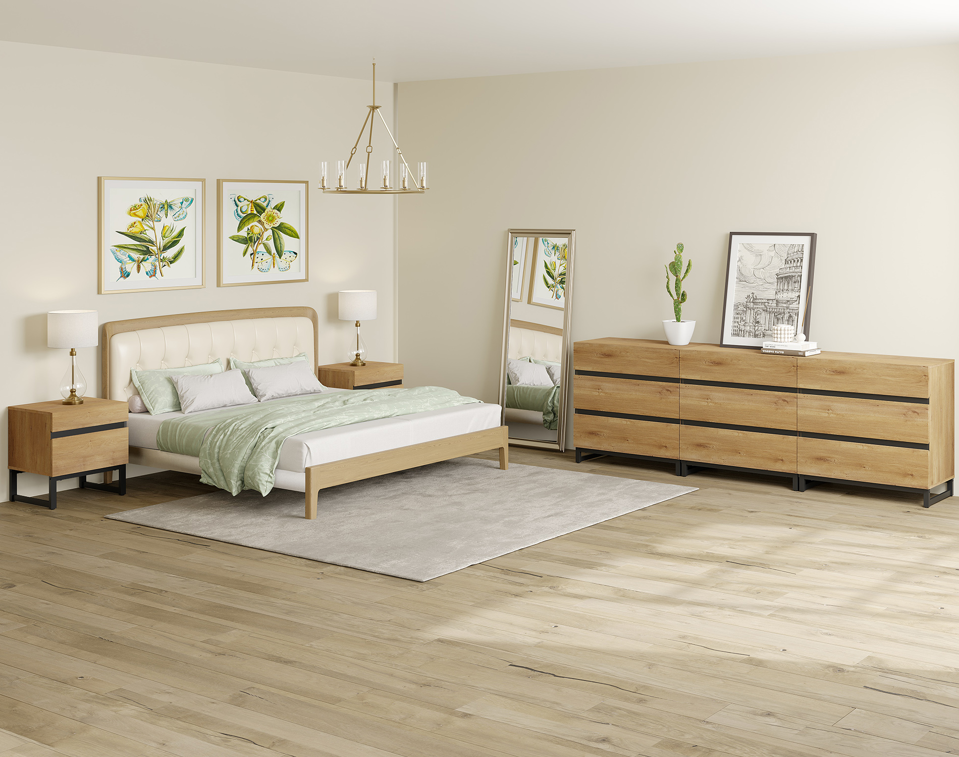 WAMPAT 3-Piece Bedroom Furniture Set, 94.5" Dresser & Chest with 6 Drawers, 2 Nightstands with 2 Drawers, Wooden Side Tables for Bedroom, Oak