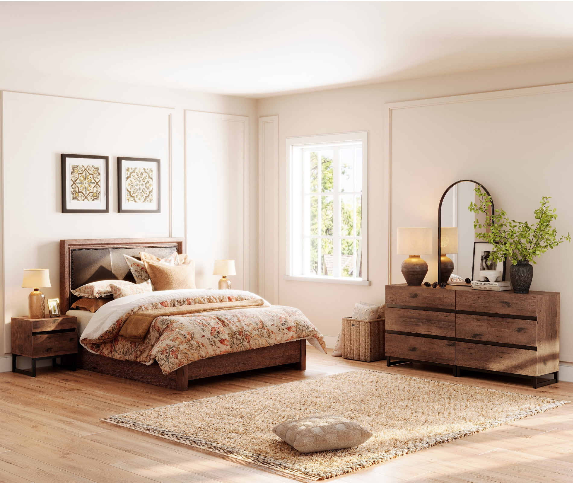 WAMPAT 3 Piece Bedroom Furniture Sets, 63 Inch Dresser and Chest with 6 Drawers,2 Nightstands with 2 Drawers Side Table for Bedroom,Brown