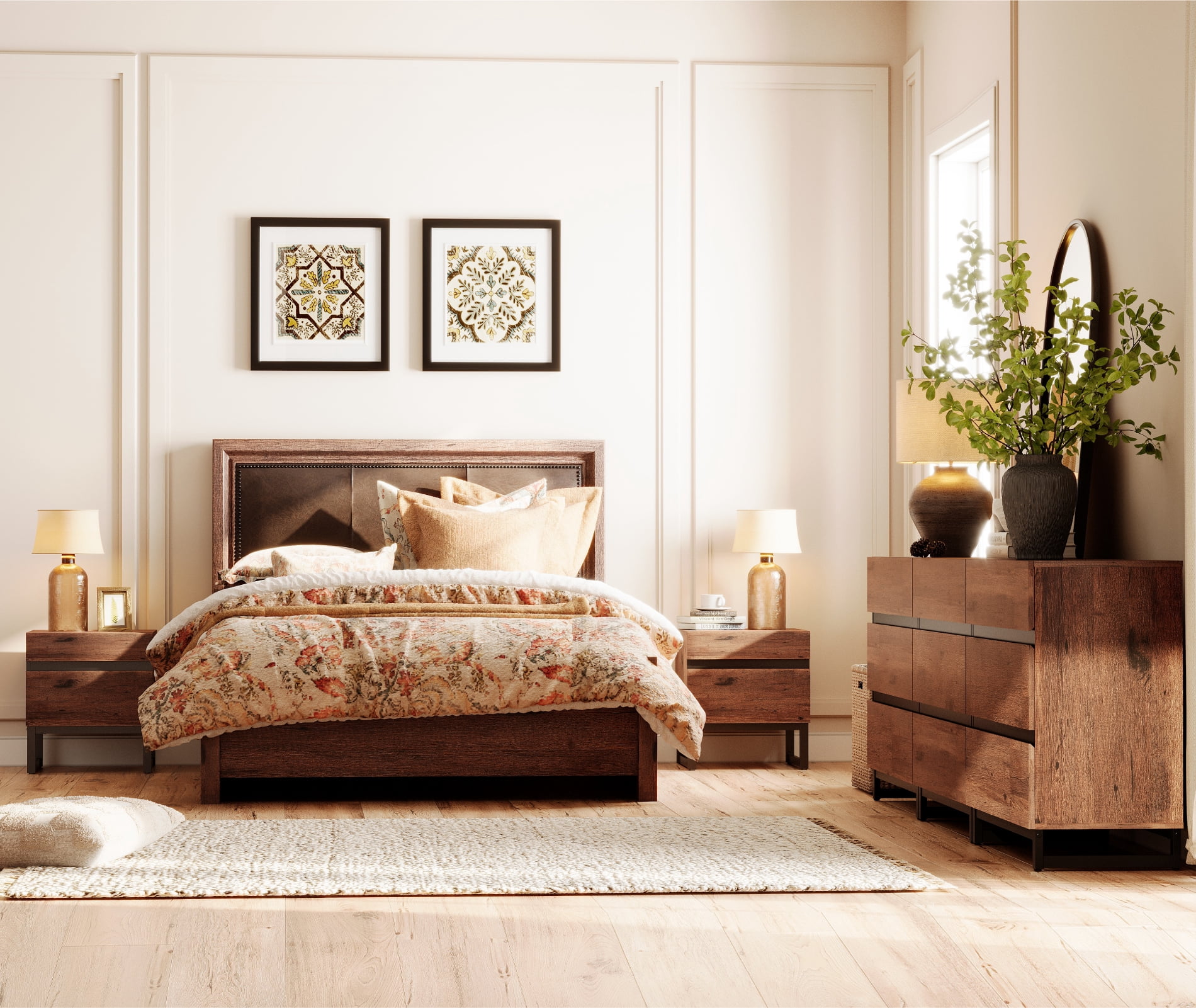 WAMPAT 3 Piece Bedroom Furniture Sets, 94.5 Inch Dresser and Chest with 6 Drawers,2 Nightstands with 2 Drawers Side Table for Bedroom,Brown