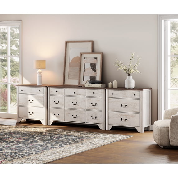 WAMPAT 3 Piece Bedroom Set,9 Drawer Dresser with 3-Drawer Dresser Set of 2,Farmhouse Dresser Chest of Drawers for Living Room, Entryway and Hallway,White