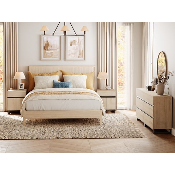 WAMPAT 3-Piece Dresser & Nightstand Set, 63 Inch 6-Drawer Dresser & 2 Nightstands with Drawer & Cabinet, Bedroom Furniture Collection
