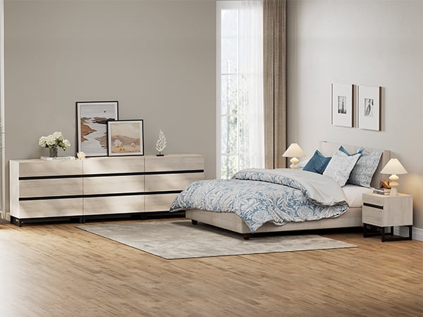 WAMPAT 3 Piece Dresser and Nightstand Sets, 94.5 Inches Dresser &Chest with 6 Drawers, 2 Nightstand with 2 Drawers, Side Table for Bedroom, Bedroom Furniture Set, Light Oak