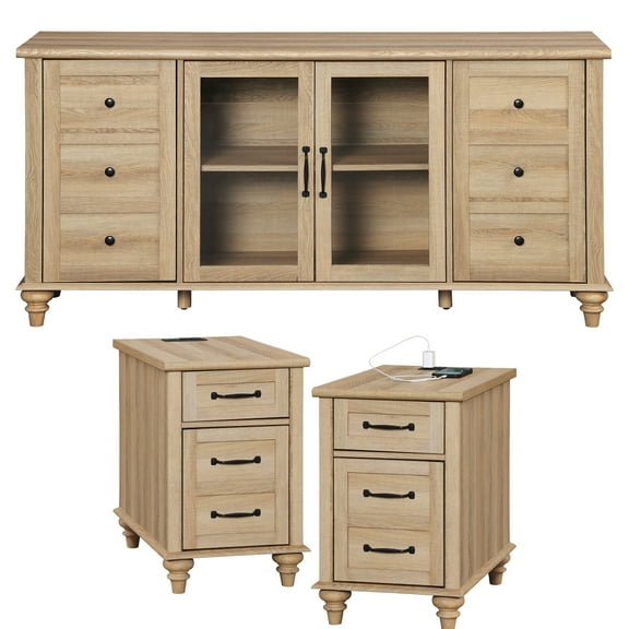 WAMPAT 3 Piece Glass Door TV Stand Set 1 TV Stand and 2 End Table with Charging Station for Living Room, Farmhouse Modern Entertainment Center Console Table, 2 End Table with Storage Cabinet,Oak