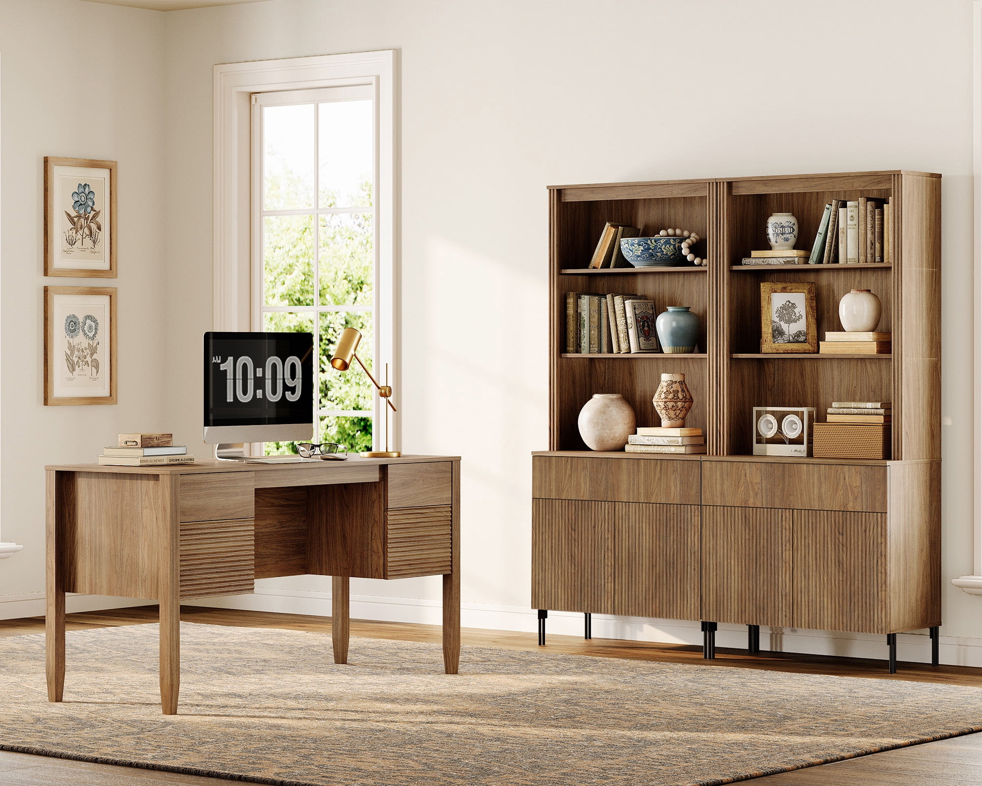WAMPAT 3 Piece Home Office Furniture Set, 58" Desk with 71.5" Bookcase, Bookcase with 2 Drawer & 4 Doors, Adjustable Shelves, Modern Fluted Wood Office Furniture for Home Office, Study Room, Bedroom