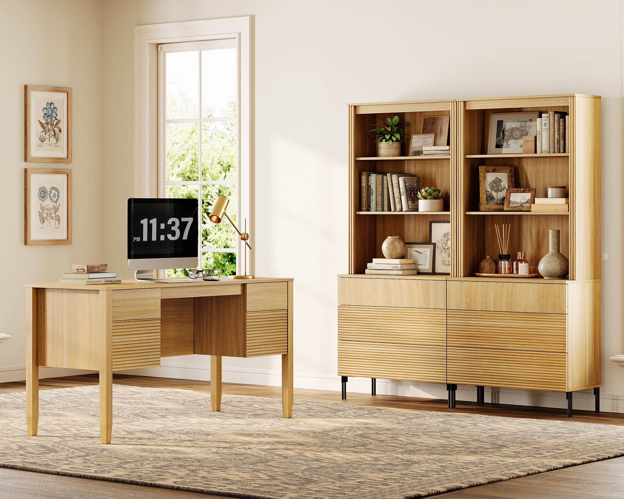 WAMPAT 3 Piece Home Office Furniture Set, 58" Writing Desk with 71.5" T Bookcase, Bookcase with 6 Drawers, Adjustable Shelves, Modern Fluted Wood Office Furniture for Home Office, Study Room, Bedroom