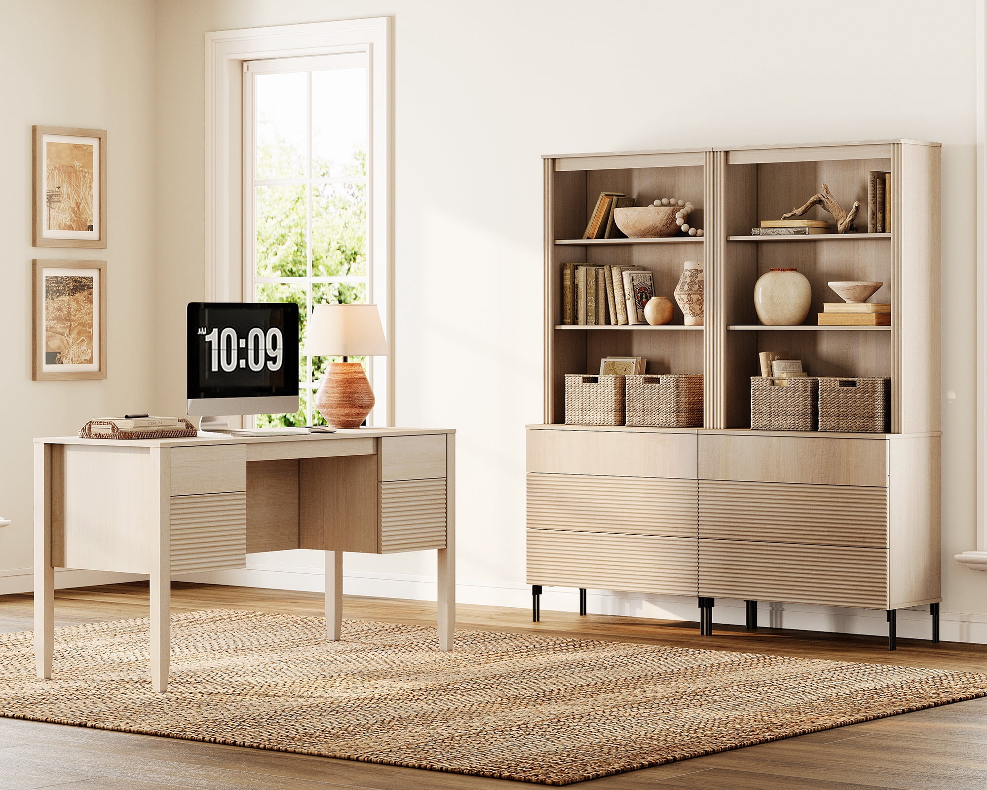 WAMPAT 3 Piece Home Office Furniture Set, 58" Writing Desk with 71.5" T Bookcase, Bookcase with 6 Drawers, Adjustable Shelves, Modern Fluted Wood Office Furniture for Home Office, Study Room, Bedroom