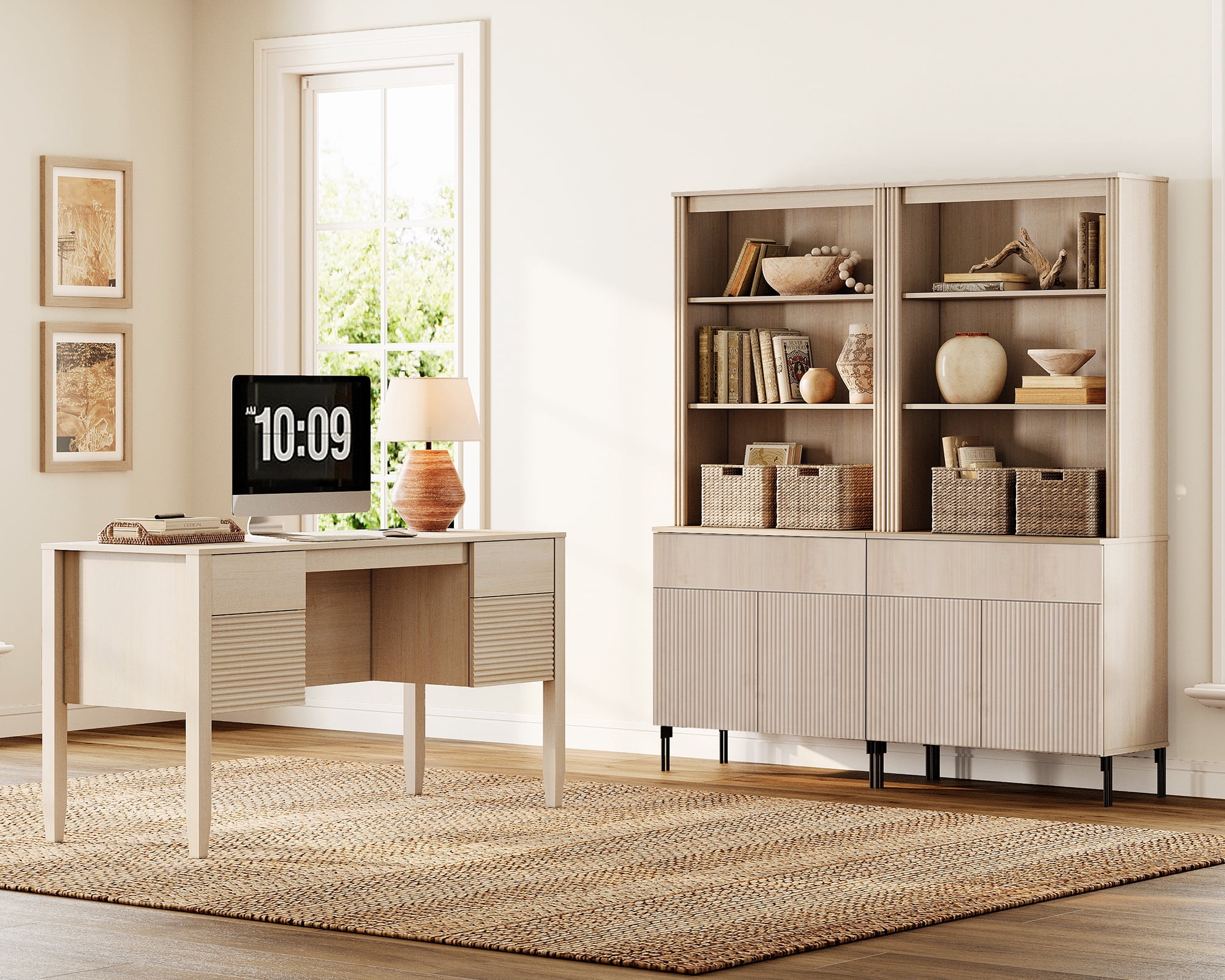 WAMPAT 3 Piece Living Room Furniture Set, 58" Console Table with 2 71.5" Tall Bookcases, 1 Drawer and Double Door Storage Cabinets, Adjustable Shelves, Modern Fluted Bookcase Set for Living Room