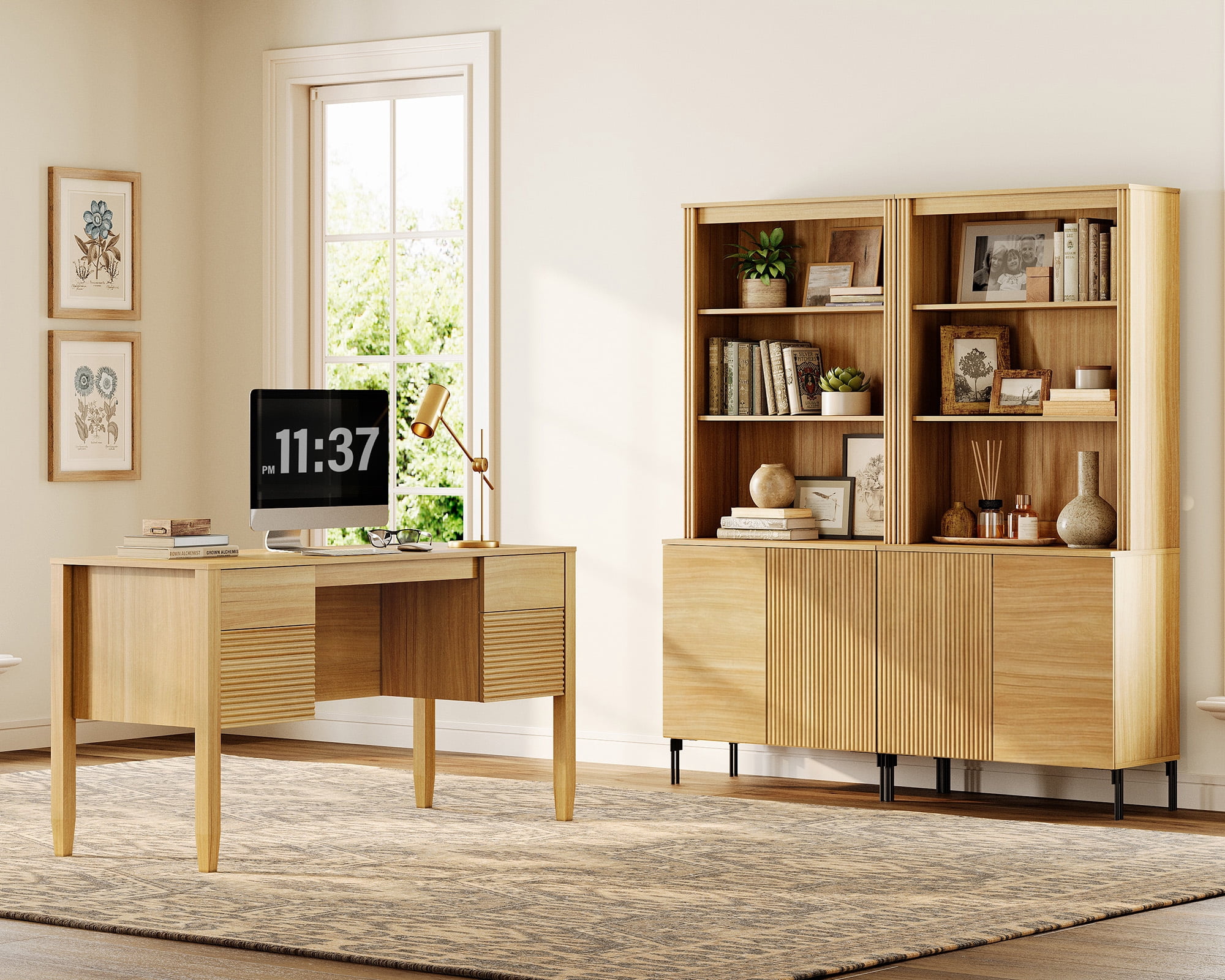 WAMPAT 3 Piece Living Room Furniture Set, 58 Inch Console Table with 2 71.5 Inch Tall Bookcases, Double Door Storage Cabinets, Adjustable Shelves, Modern Fluted Bookcase Set for Living Room