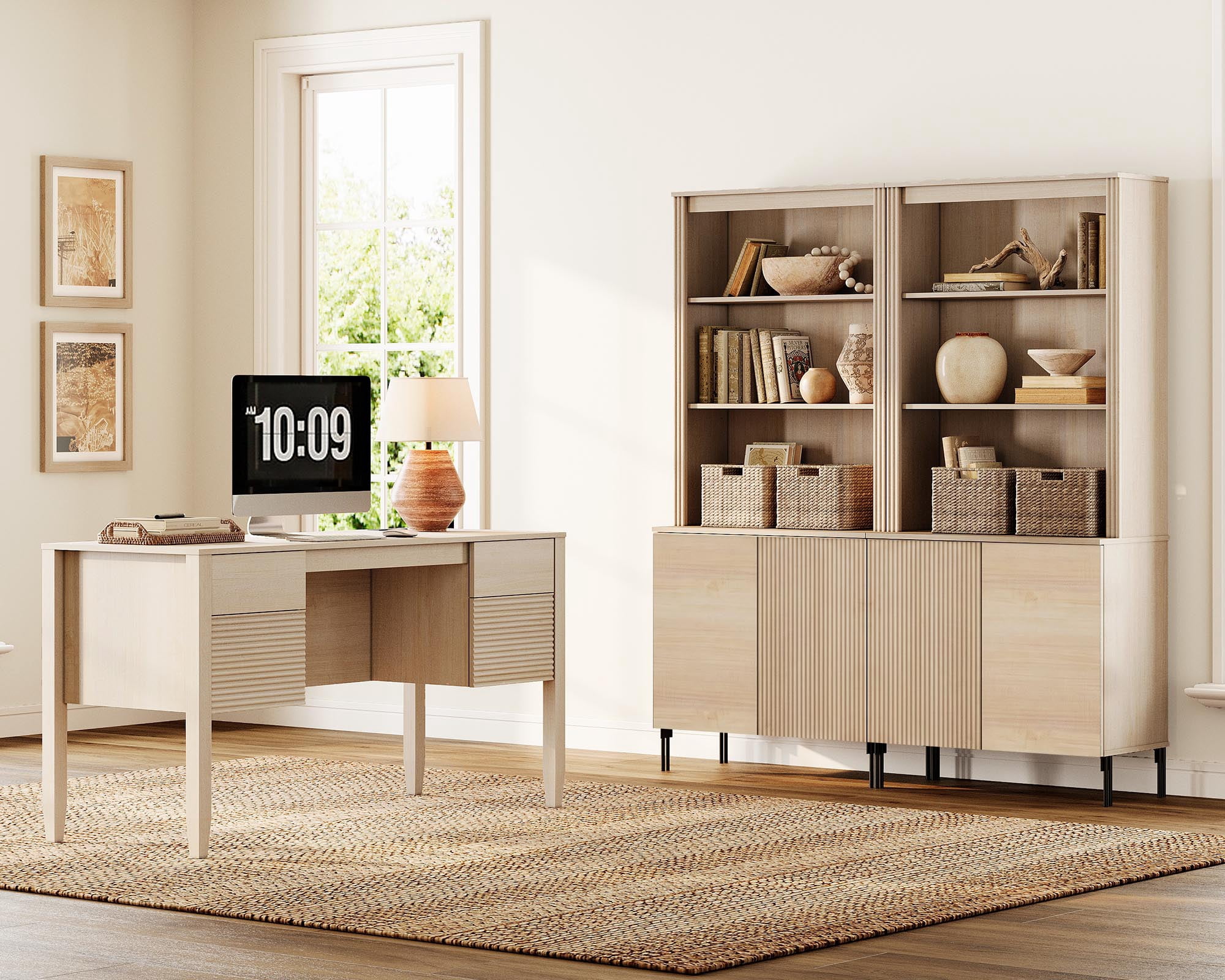 WAMPAT 3 Piece Living Room Furniture Set, 58 Inch Console Table with 2 71.5 Inch Tall Bookcases, Double Door Storage Cabinets, Adjustable Shelves, Modern Fluted Bookcase Set for Living Room