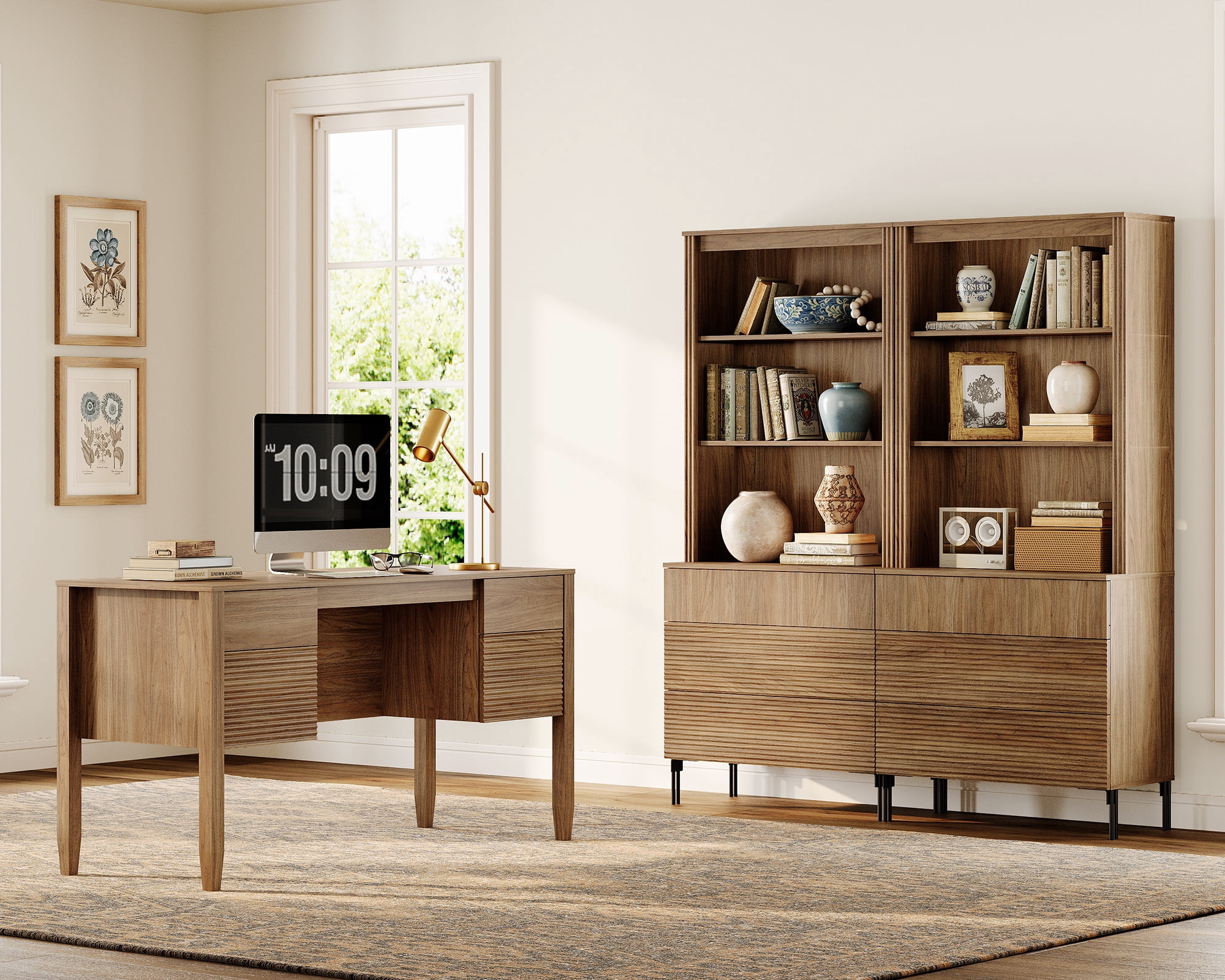 WAMPAT 3 Piece Living Room Furniture Set, 58 Inch W Console Table with 2 Tall Bookcases 71.5 Inch H, 3 Storage Drawers, Adjustable Shelves, Modern Fluted Wood Display Storage Set for Living Room