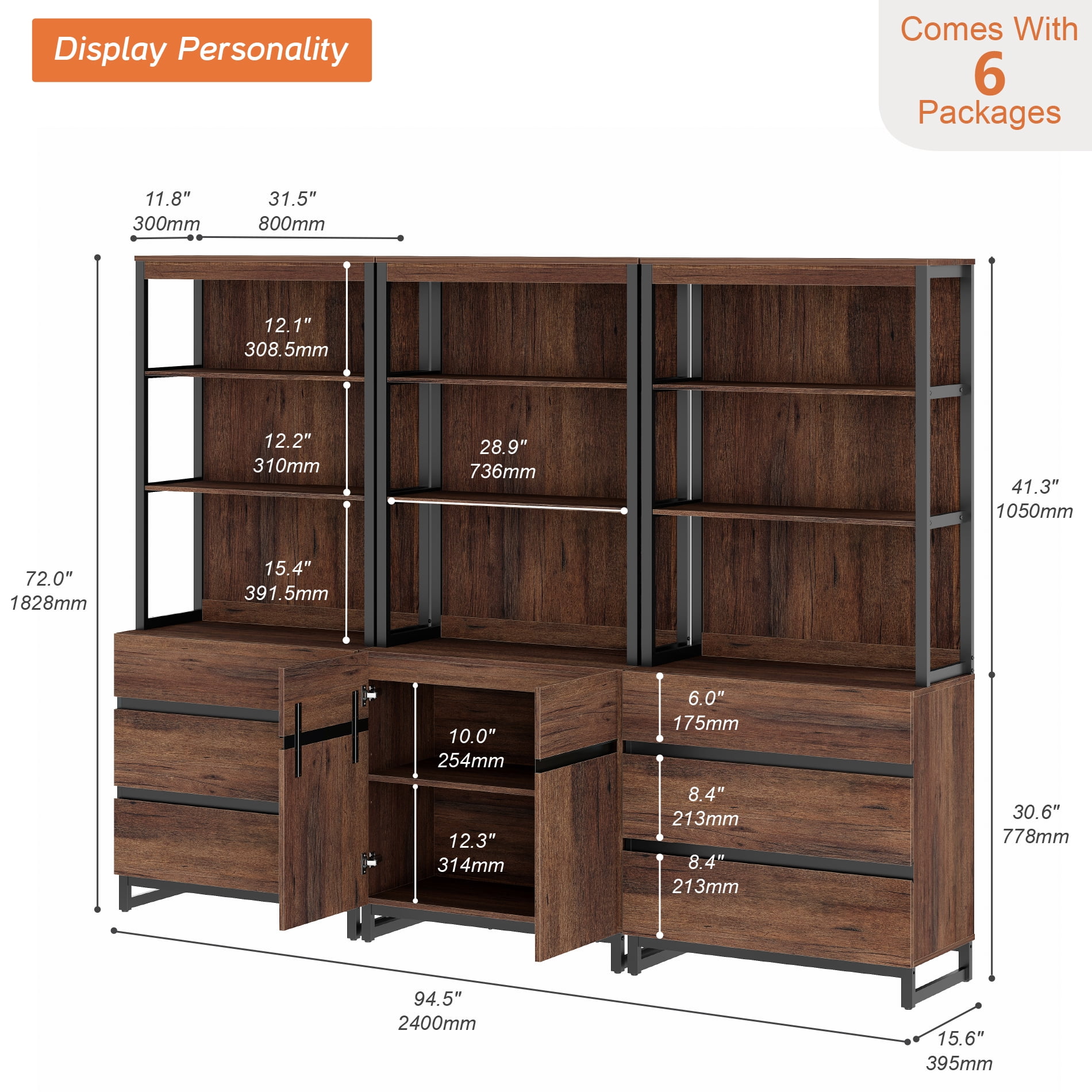 WAMPAT 3-Piece Modern 72" Tall Bookcase,6 Drawers & Adjustable Shelves with Storage Cabinet & Open Shelves, Freestanding Wood Library Bookshelf for Home Office & Living Room