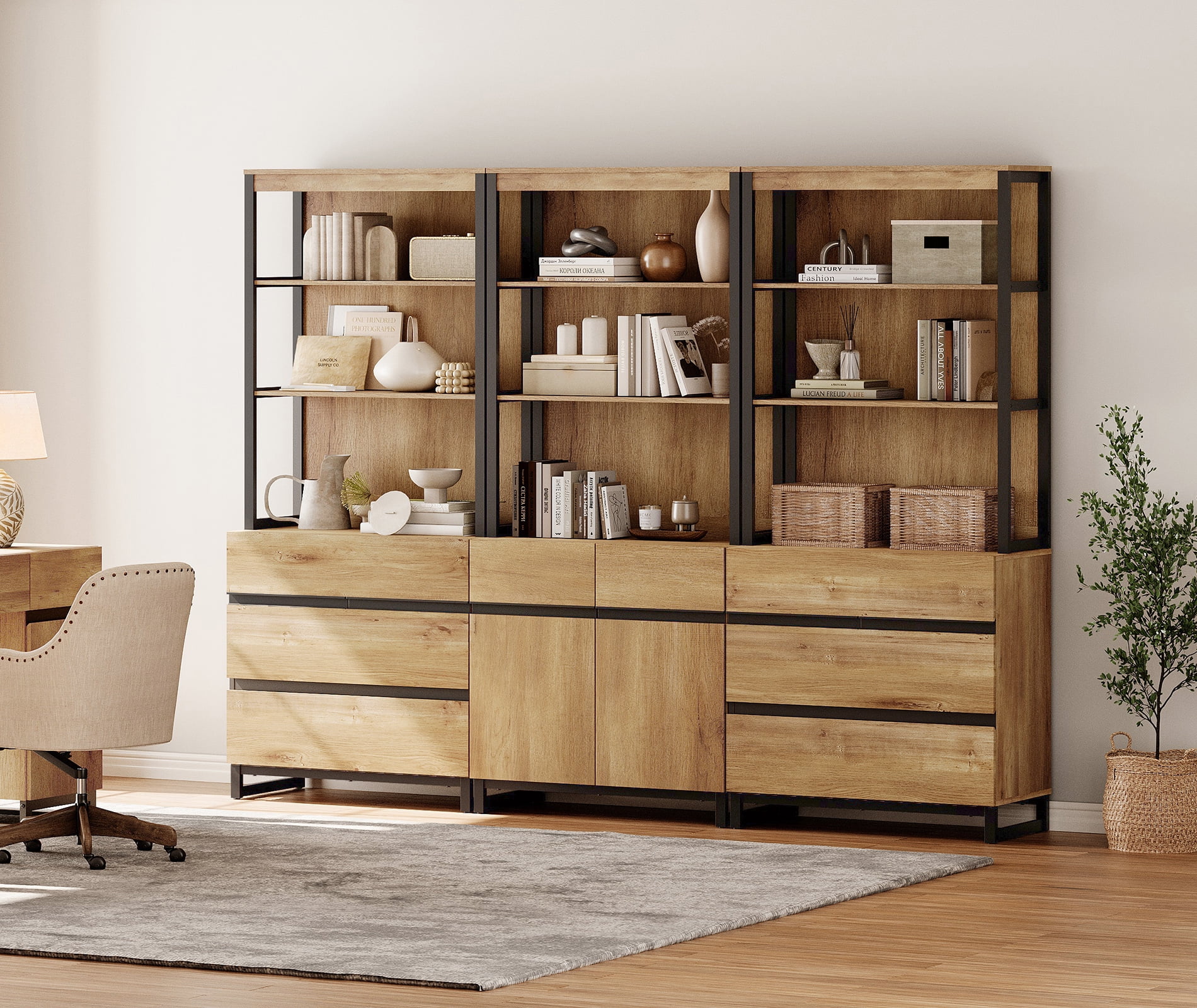 WAMPAT 3-Piece Modern 72" Tall Bookcase,6 Drawers & Adjustable Shelves with Storage Cabinet & Open Shelves, Freestanding Wood Library Bookshelf for Home Office & Living Room
