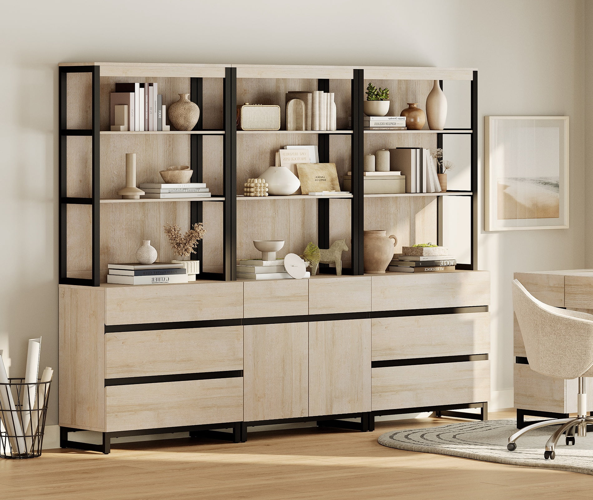 WAMPAT 3-Piece Modern 72" Tall Bookcase,6 Drawers & Adjustable Shelves with Storage Cabinet & Open Shelves, Freestanding Wood Library Bookshelf for Home Office & Living Room