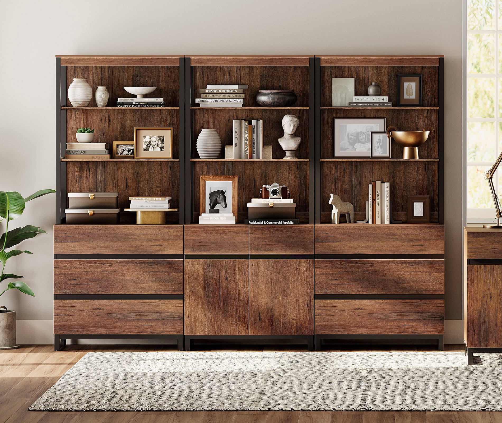 WAMPAT 3-Piece Modern 72" Tall Bookcase,6 Drawers & Adjustable Shelves with Storage Cabinet & Open Shelves, Freestanding Wood Library Bookshelf for Home Office & Living Room