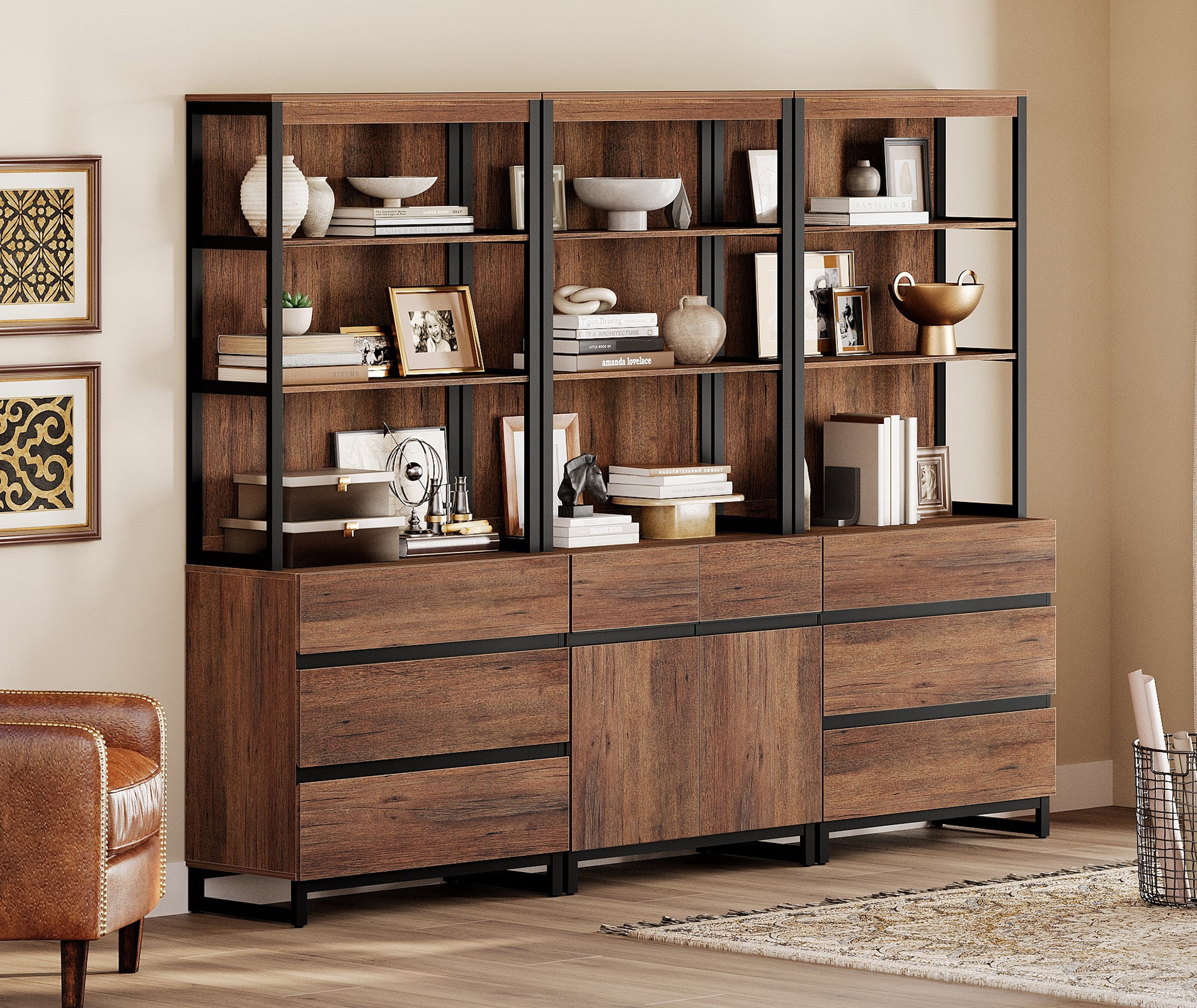 WAMPAT 3-Piece Modern 72" Tall Bookcase,6 Drawers & Adjustable Shelves with Storage Cabinet & Open Shelves, Freestanding Wood Library Bookshelf for Home Office & Living Room