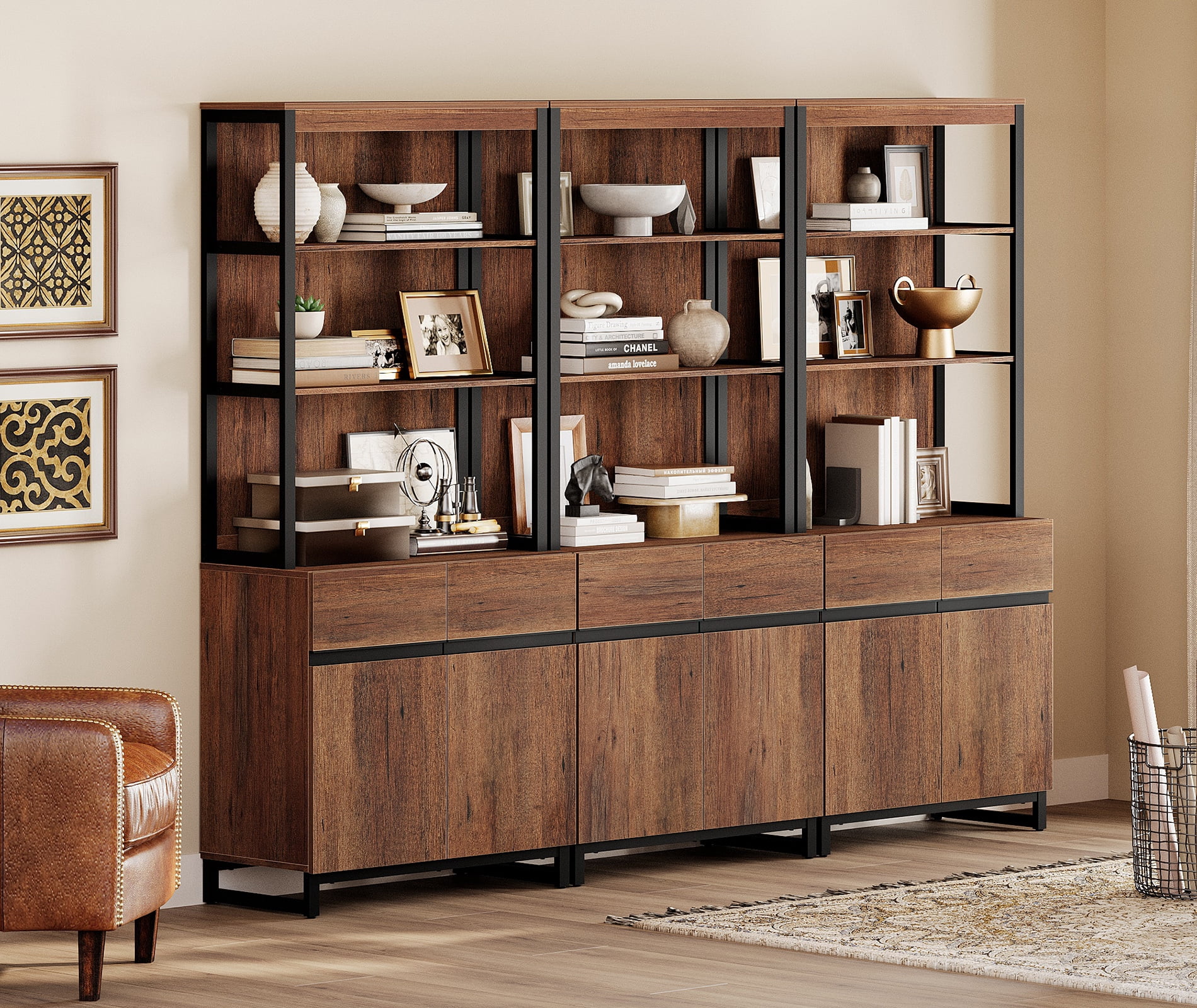 WAMPAT 3-Piece Modern 72" Tall Bookcases, Wood Bookshelves with Metal Base, Adjustable Shelves, Storage Cabinet & Open Shelving,Library Shelf for Home Office & Living Room