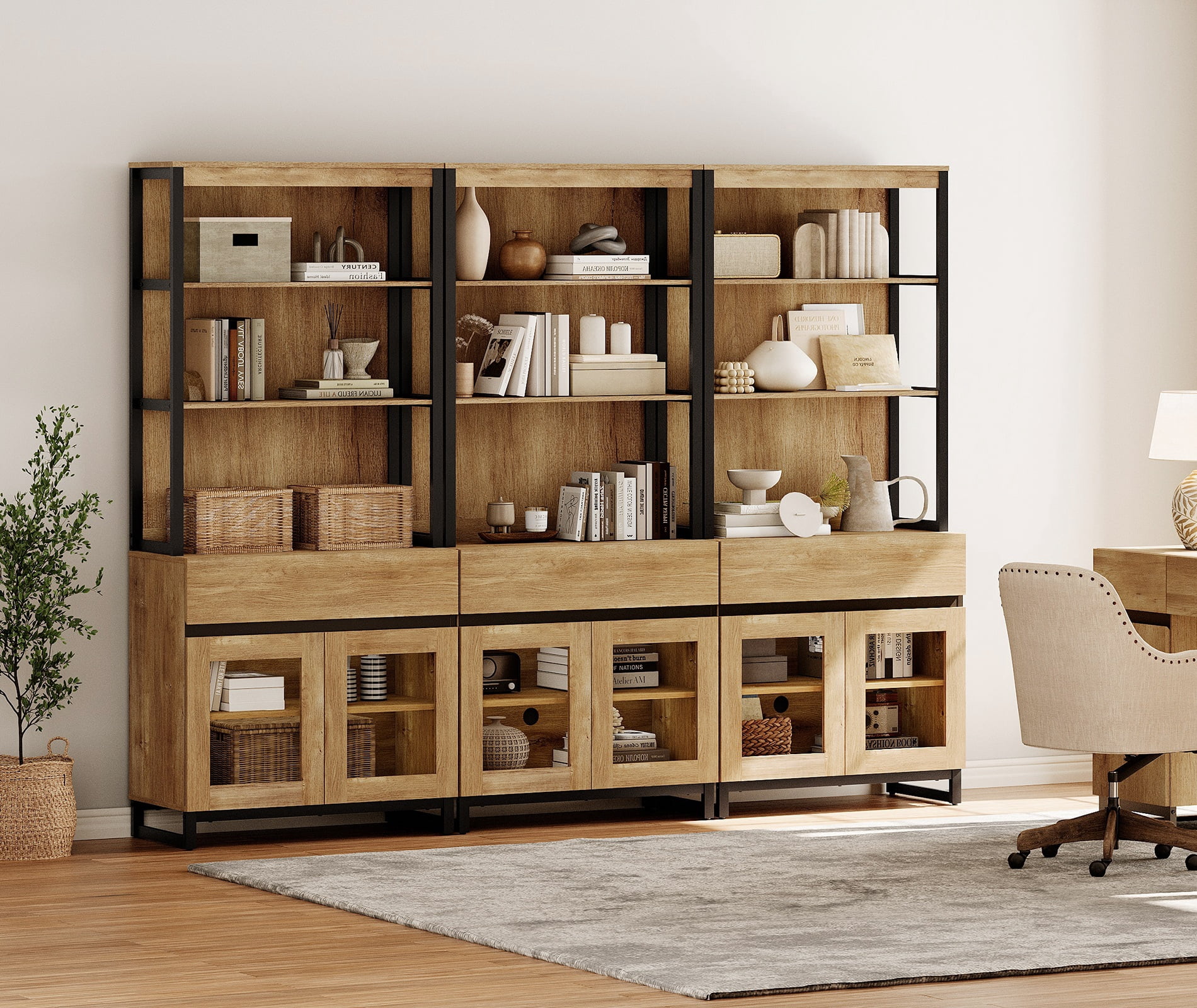 WAMPAT 3-Piece Modern 72" Tall Freestanding Bookcase,3 Drawers & Open Shelves with Glass Door Storage Cabinet, Wood Library Bookshelf for Home Office & Living Room