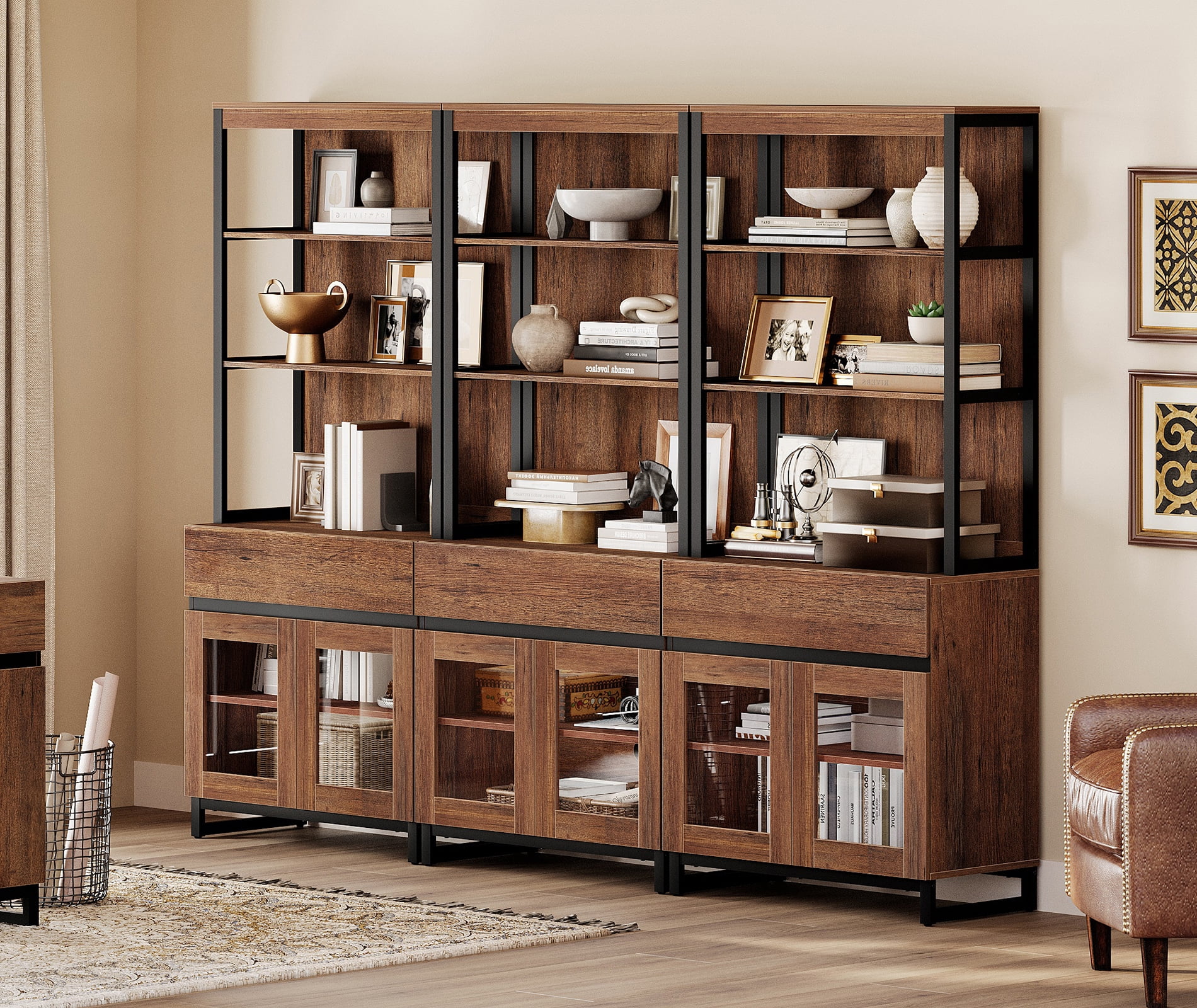 WAMPAT 3-Piece Modern 72" Tall Freestanding Bookcase,3 Drawers & Open Shelves with Glass Door Storage Cabinet, Wood Library Bookshelf for Home Office & Living Room