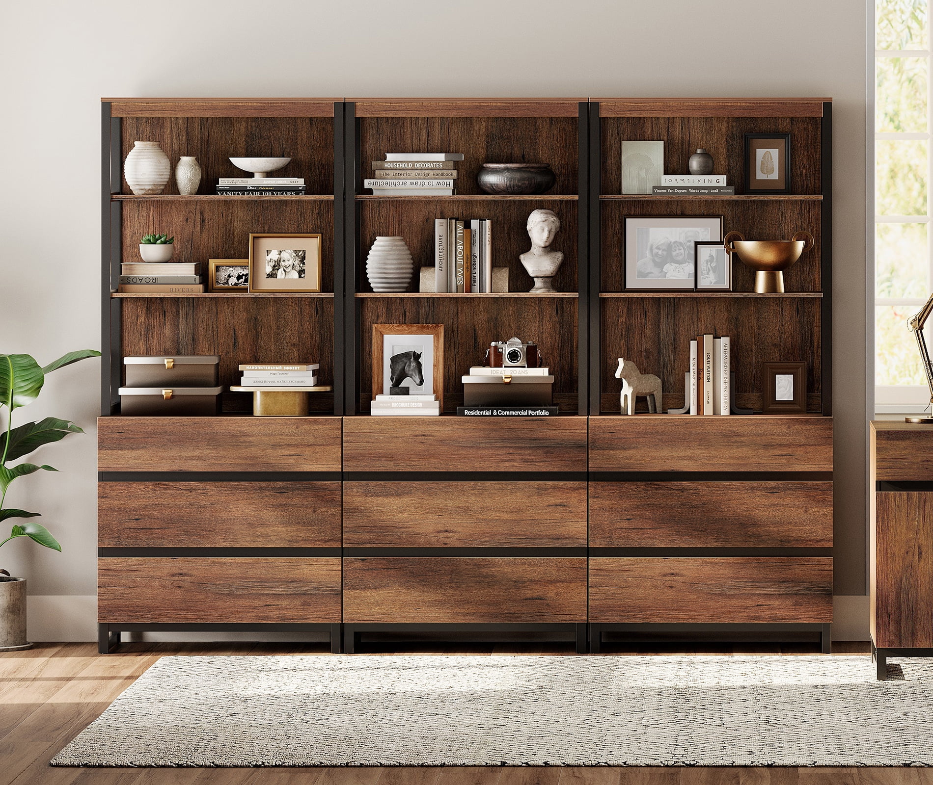 WAMPAT 3-Piece Modern 72" Tall Freestanding Bookcase，9 Drawers, Open Shelves & Storage Cabinet with Metal Base，Wood Library Bookshelf for Home Office & Living Room