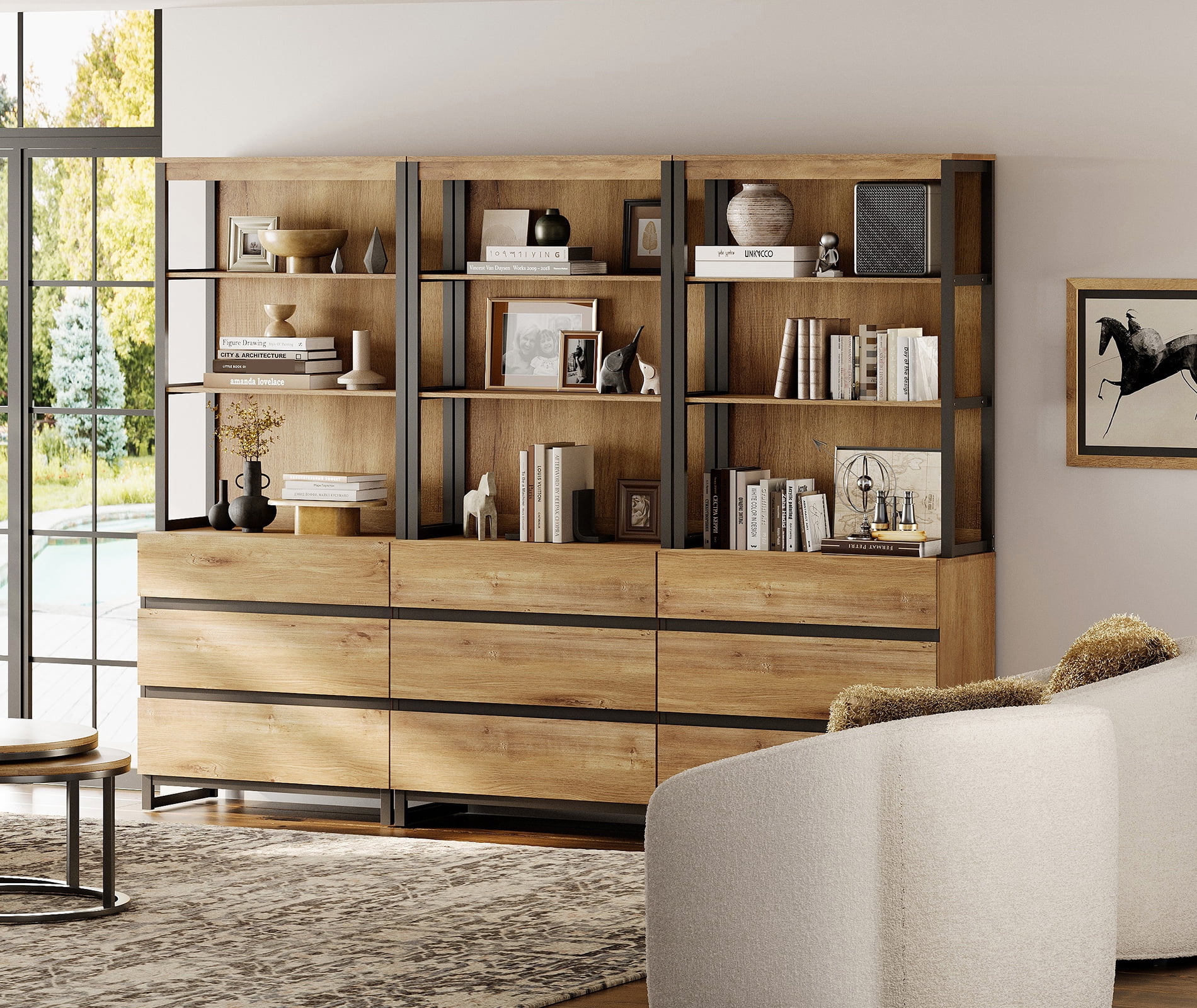 WAMPAT 3-Piece Modern 72" Tall Freestanding Bookcase，9 Drawers, Open Shelves & Storage Cabinet with Metal Base，Wood Library Bookshelf for Home Office & Living Room
