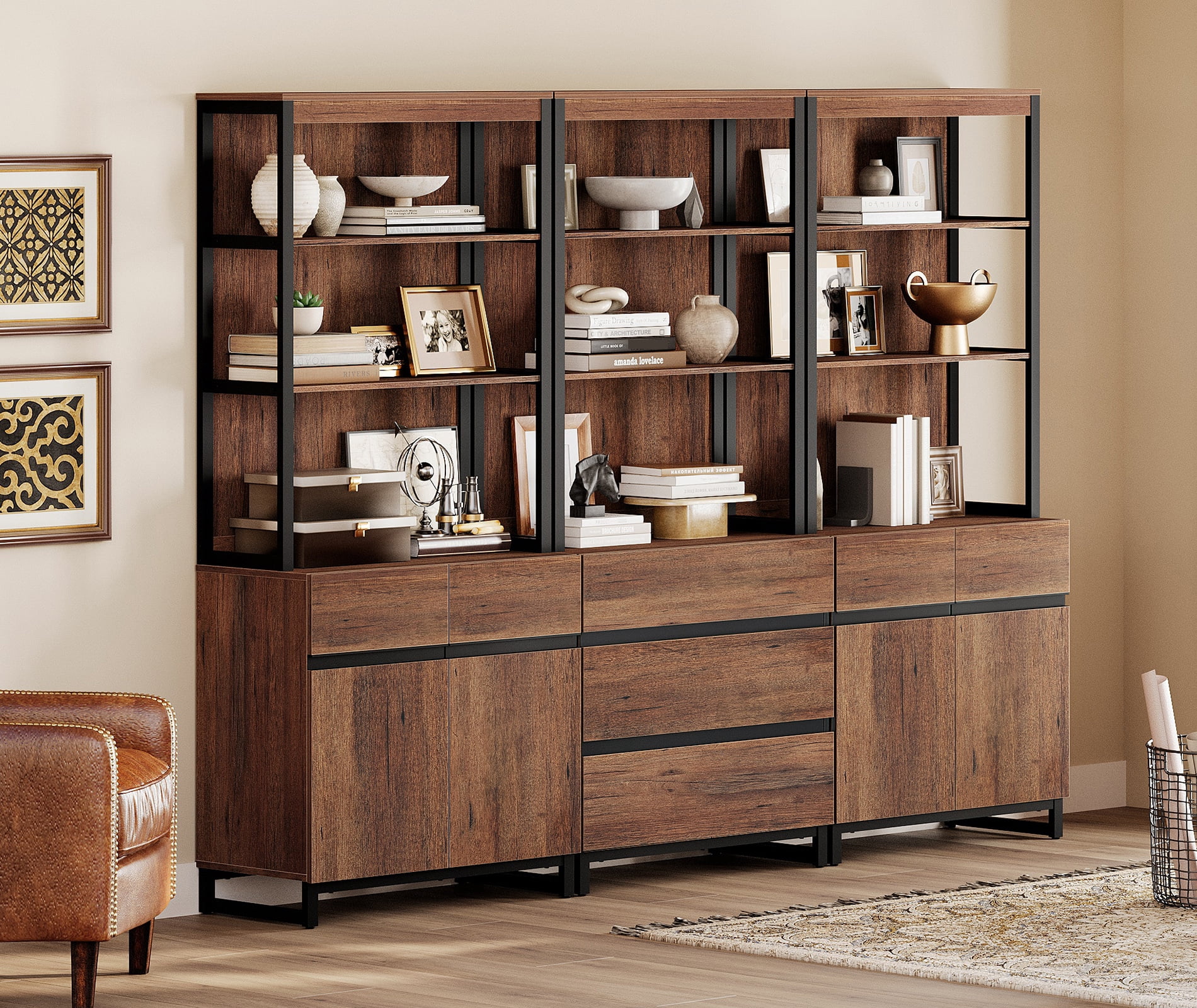 WAMPAT 3-Piece Modern 72" Tall Library Bookcase with 3 Drawers & Open Shelving,Freestanding Wood Bookshelf with Storage Cabinet & Adjustable Shelves for Home Office & Living Room, Brown