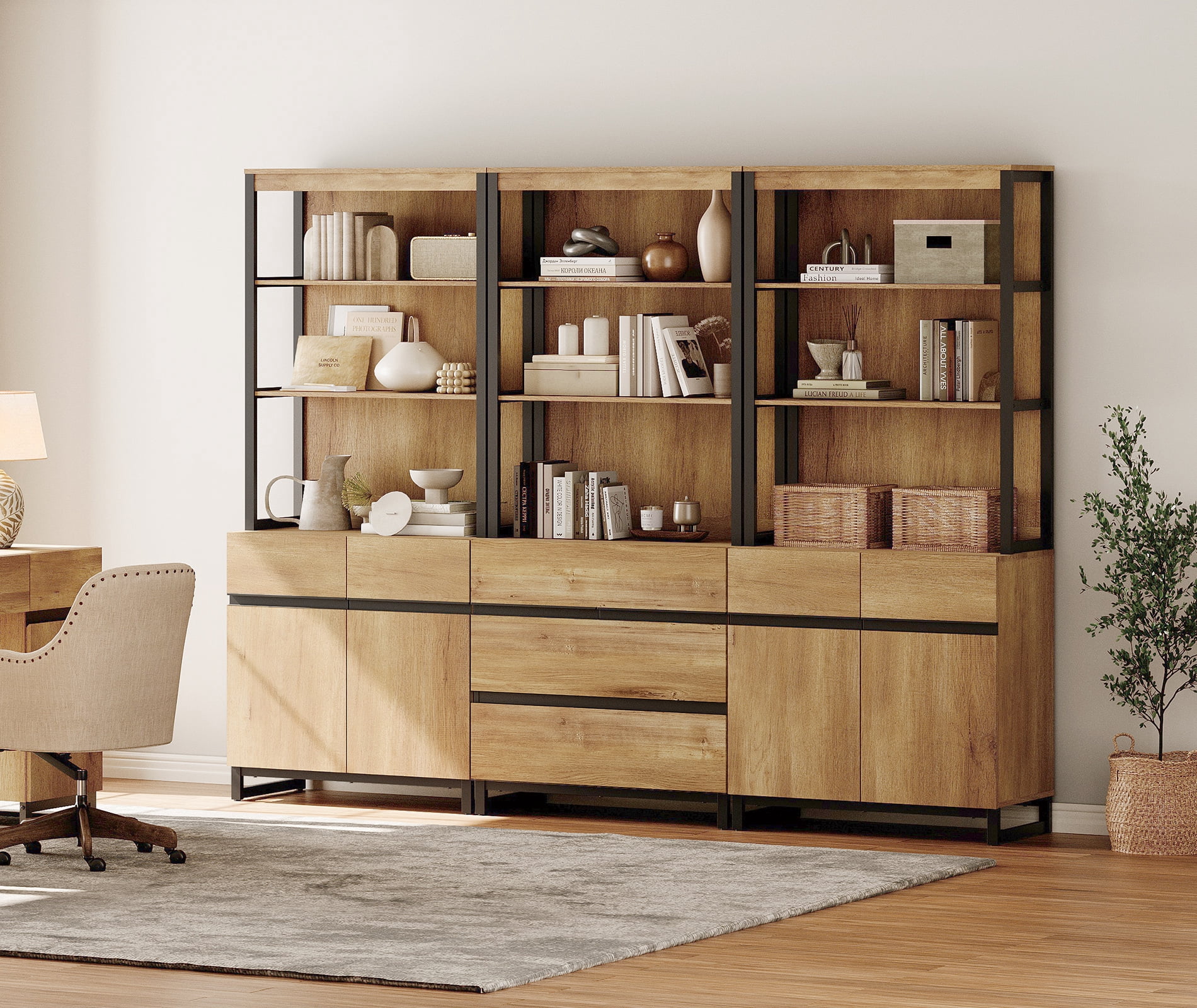 WAMPAT 3-Piece Modern 72" Tall Library Bookcase with 3 Drawers & Open Shelving,Freestanding Wood Bookshelf with Storage Cabinet & Adjustable Shelves for Home Office & Living Room, Oak