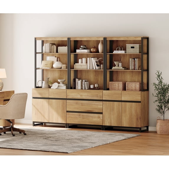 WAMPAT 3-Piece Modern 72" Tall Library Bookcase with 3 Drawers & Open Shelving,Freestanding Wood Bookshelf with Storage Cabinet & Adjustable Shelves for Home Office & Living Room, Oak