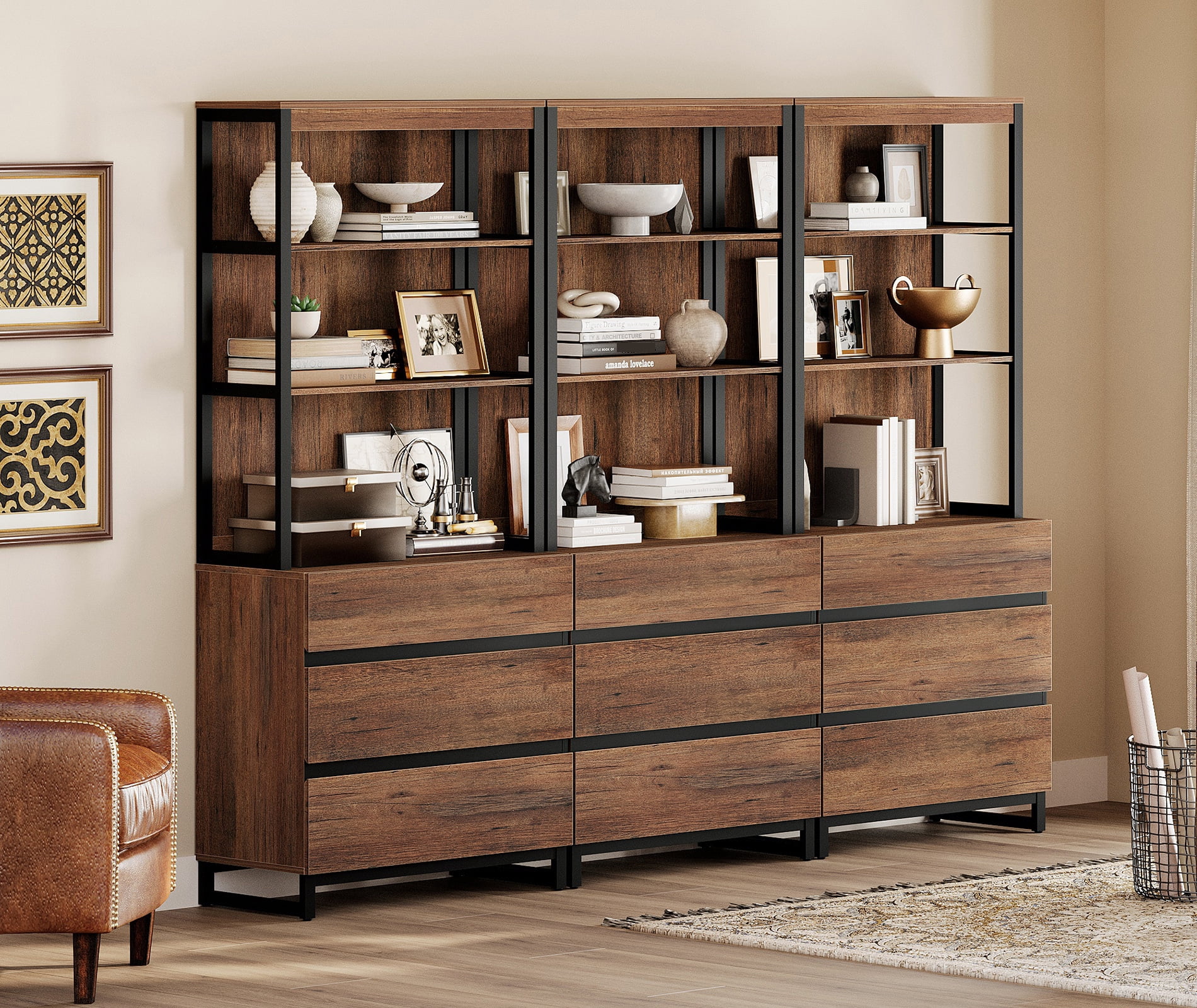 WAMPAT 3-Piece Modern 72" Tall Library Bookcases with 9 Drawers & Open Shelves, Wood Freestanding Bookshelves with Storage Cabinet & Metal Base for Home Office & Living Room, Brown
