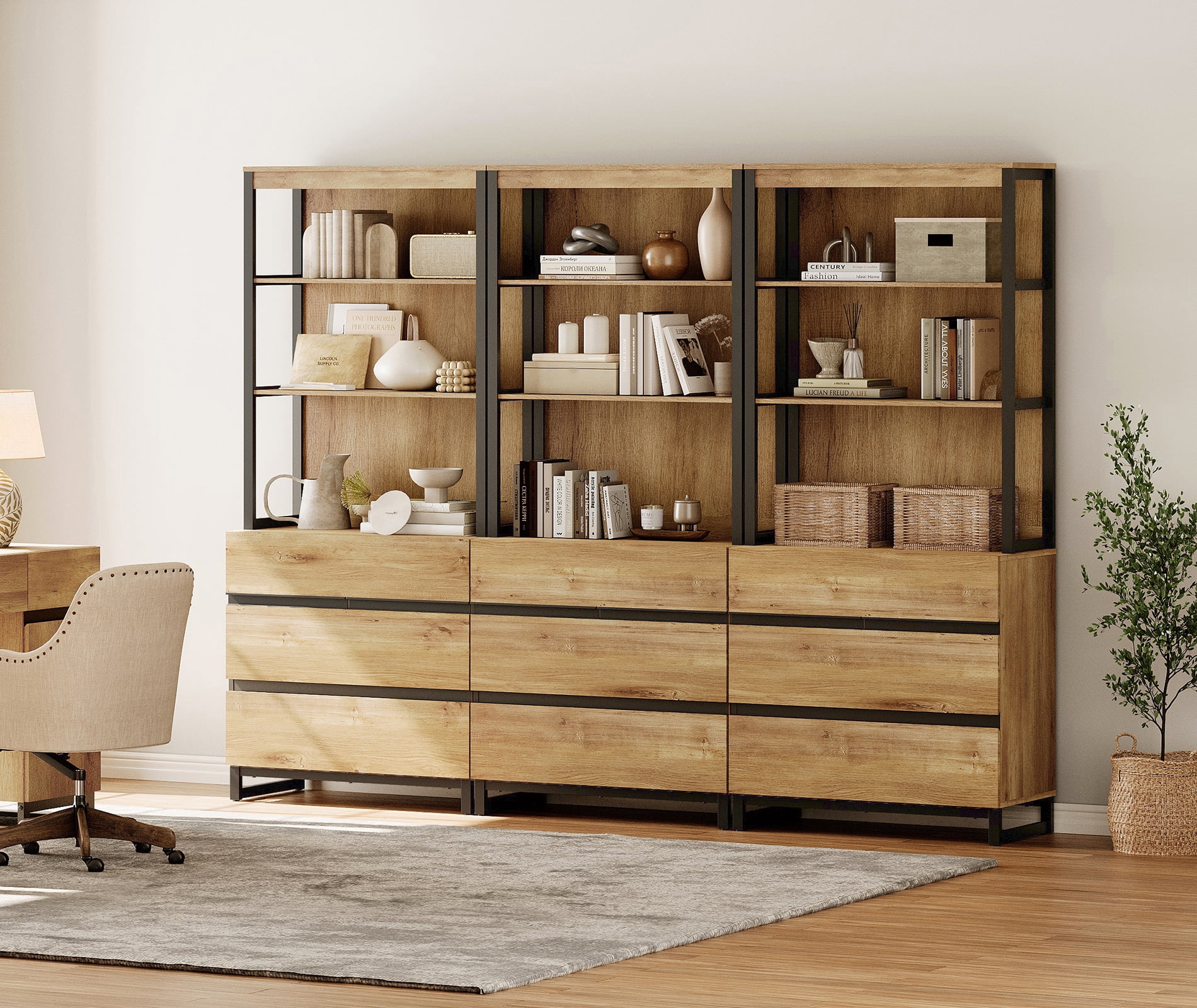 WAMPAT 3-Piece Modern 72" Tall Library Bookcases with 9 Drawers & Open Shelves, Wood Freestanding Bookshelves with Storage Cabinet & Metal Base for Home Office & Living Room, Oak