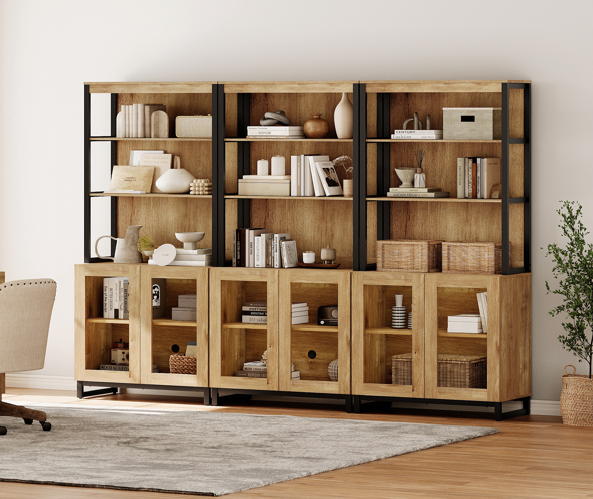 WAMPAT 3-Piece Modern 72" Tall Library Bookcases with Glass Doors ...