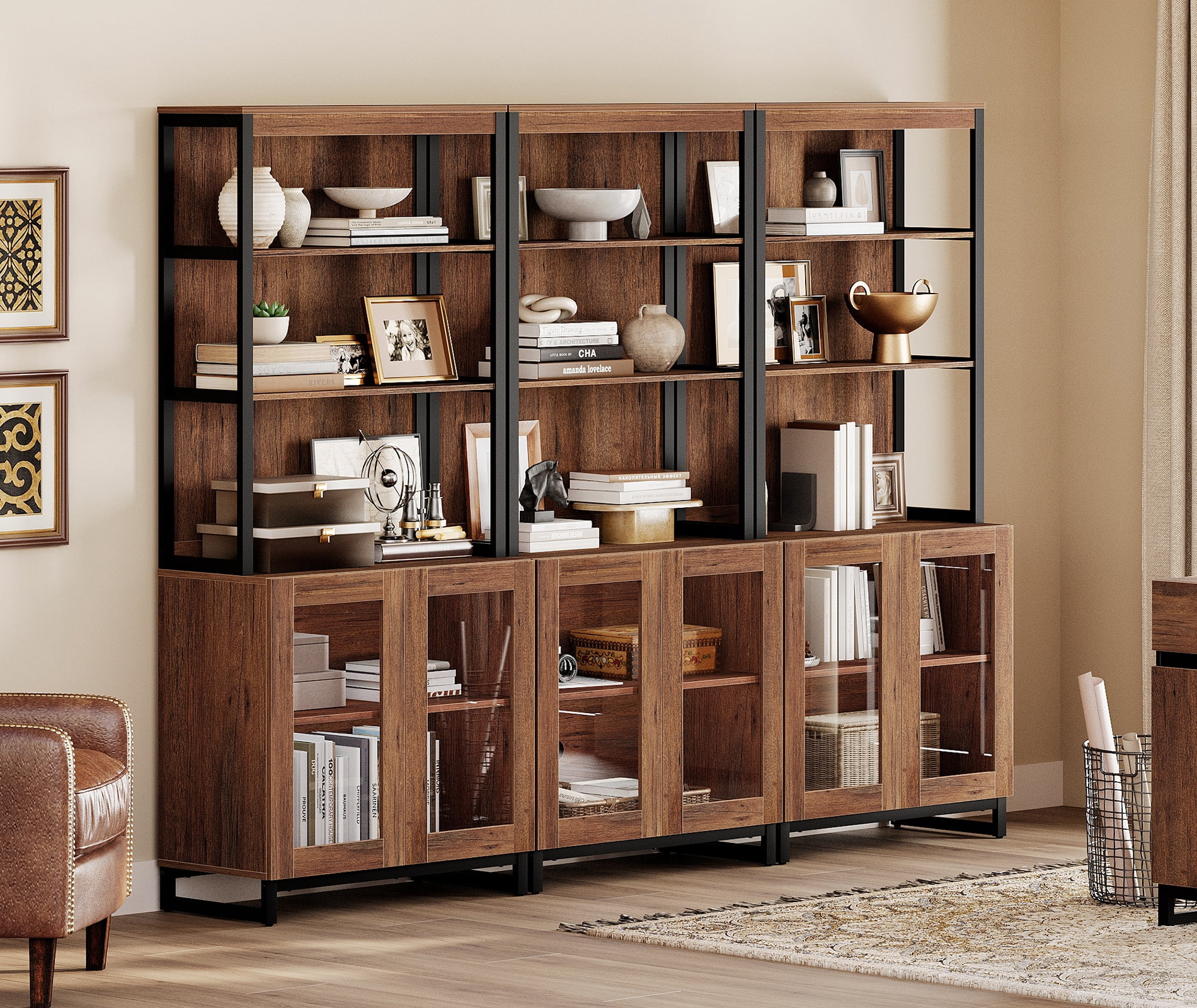 WAMPAT 3-Piece Modern 72" Tall Library Bookcases with Glass Doors & Adjustable Shelves, Wood Bookshelves with Storage Cabinet & Open Shelves for Home Office & Living Room, Brown