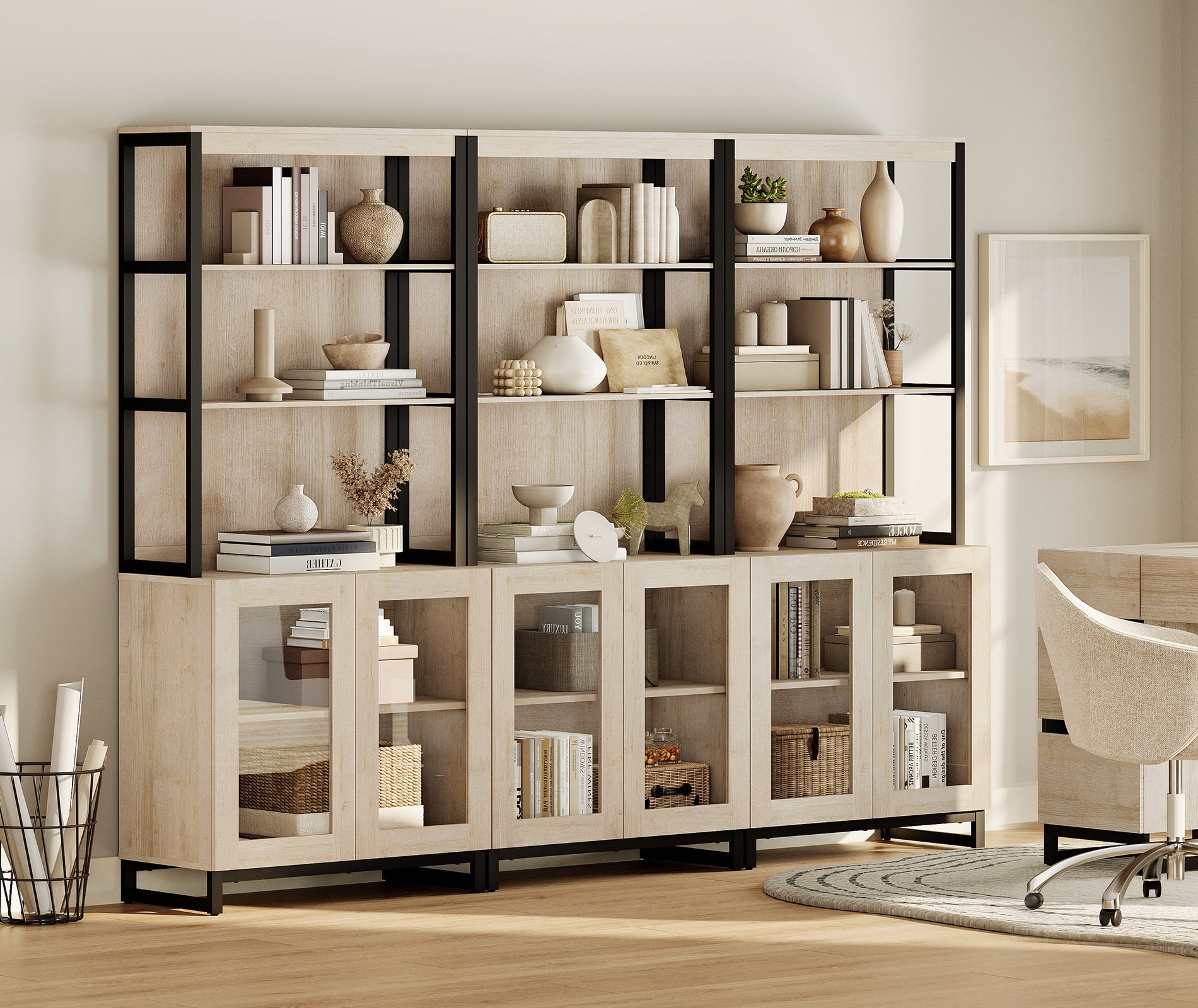 WAMPAT 3-Piece Modern 72" Tall Library Bookcases with Glass Doors & Adjustable Shelves, Wood Bookshelves with Storage Cabinet & Open Shelves for Home Office & Living Room, Beige