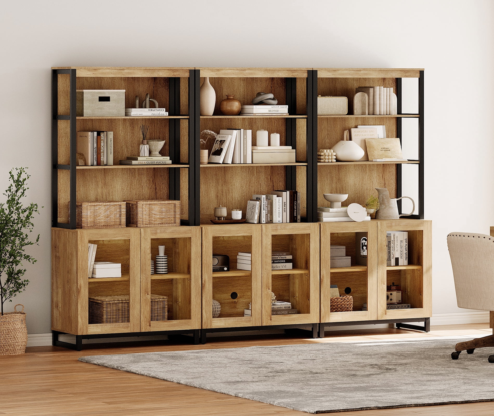 WAMPAT 3-Piece Modern 72" Tall Library Bookcases with Glass Doors & Adjustable Shelves, Wood Bookshelves with Storage Cabinet & Open Shelves for Home Office & Living Room, Oak