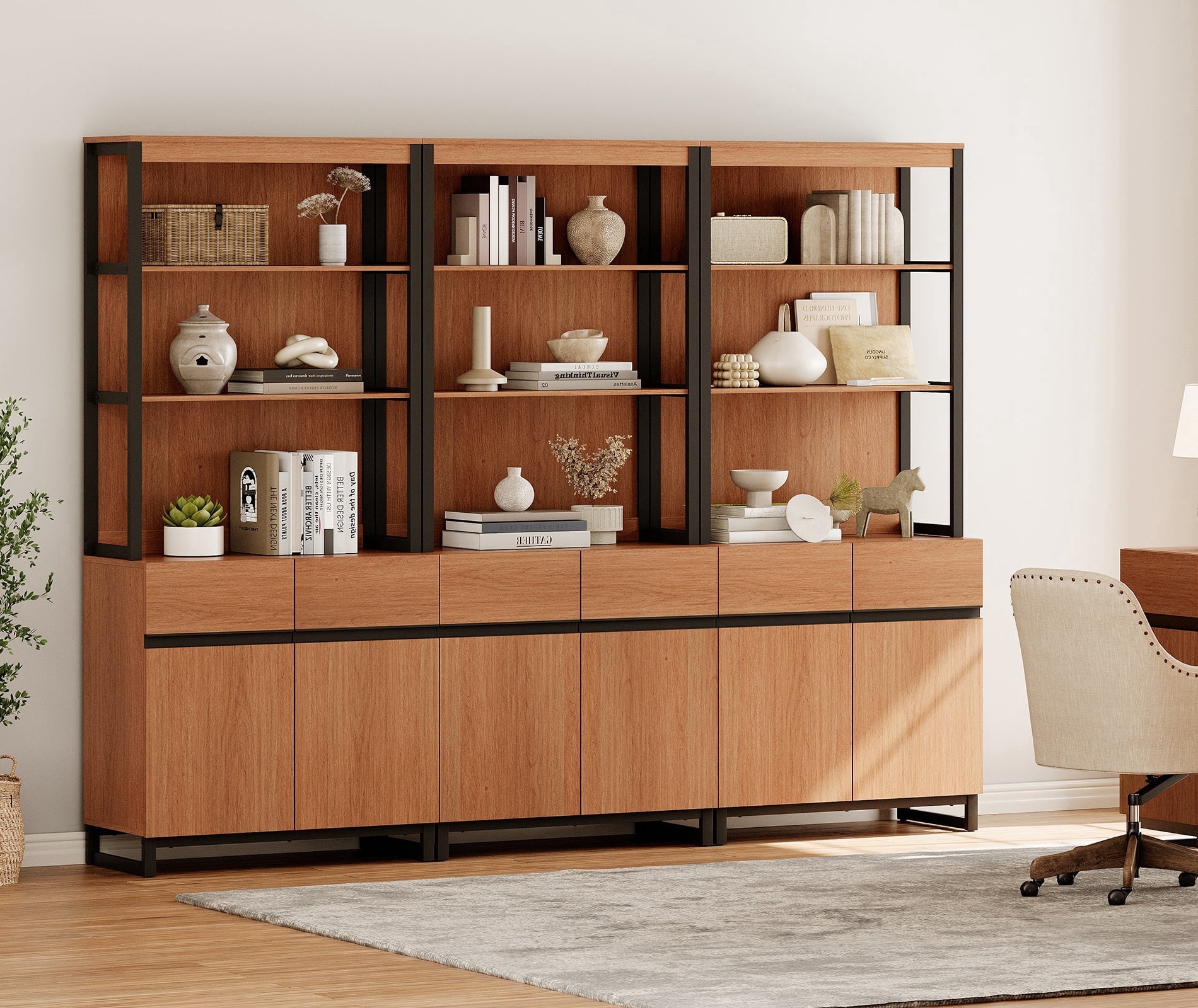 WAMPAT 3-Piece Modern 72" Tall Library Bookcases with Metal Base ...