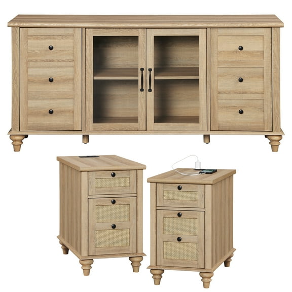 Wampat Glass Door TV Stand with Charging Station, Wood Oak, 2 Pack