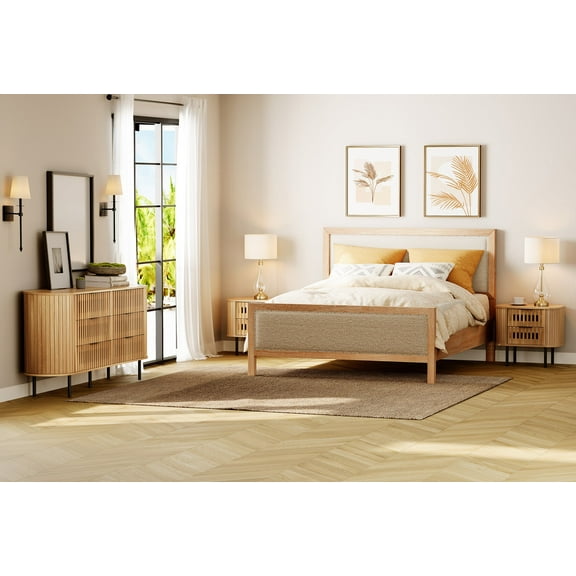 WAMPAT 3 Pieces Bedroom Set - Includes Wood Storage Dresser with 6 Drawers, Set of 2 End Tables with 2 Drawers, Fluted Design, Oak